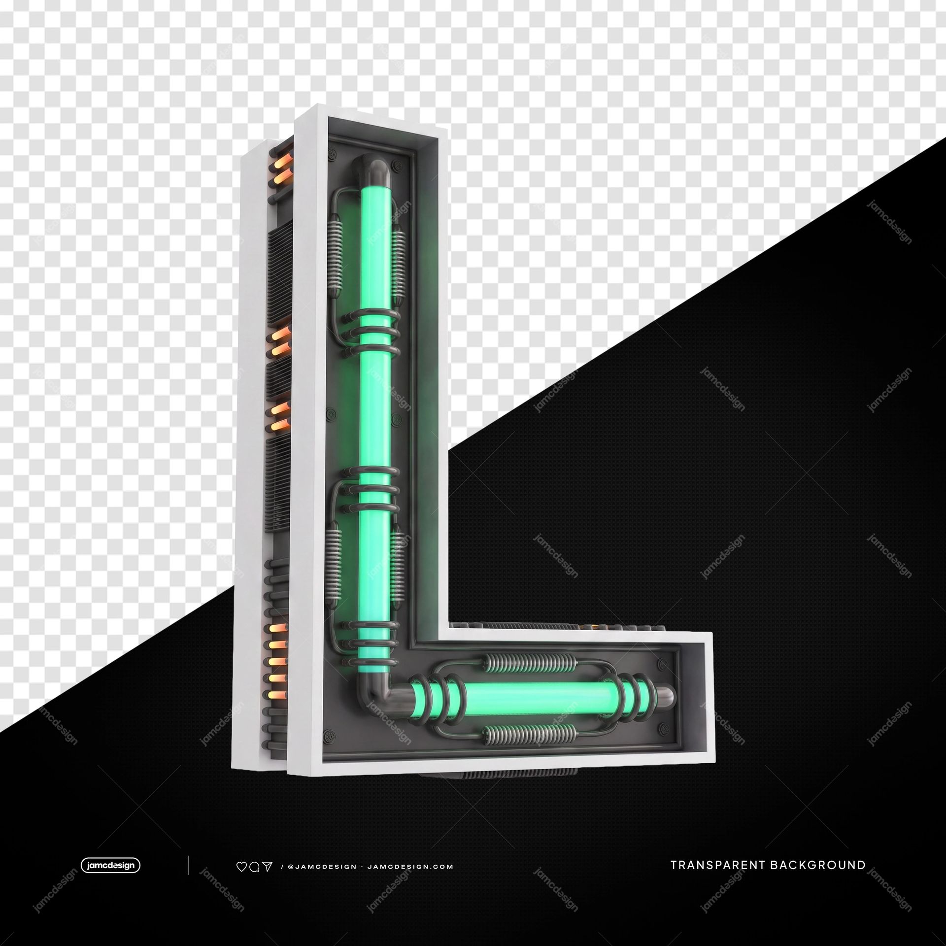 3D Futuristic Industrial Neon Letter L PNG Transparent Background. 3D futuristic industrial neon letter L supplied as a PNG with transparent background