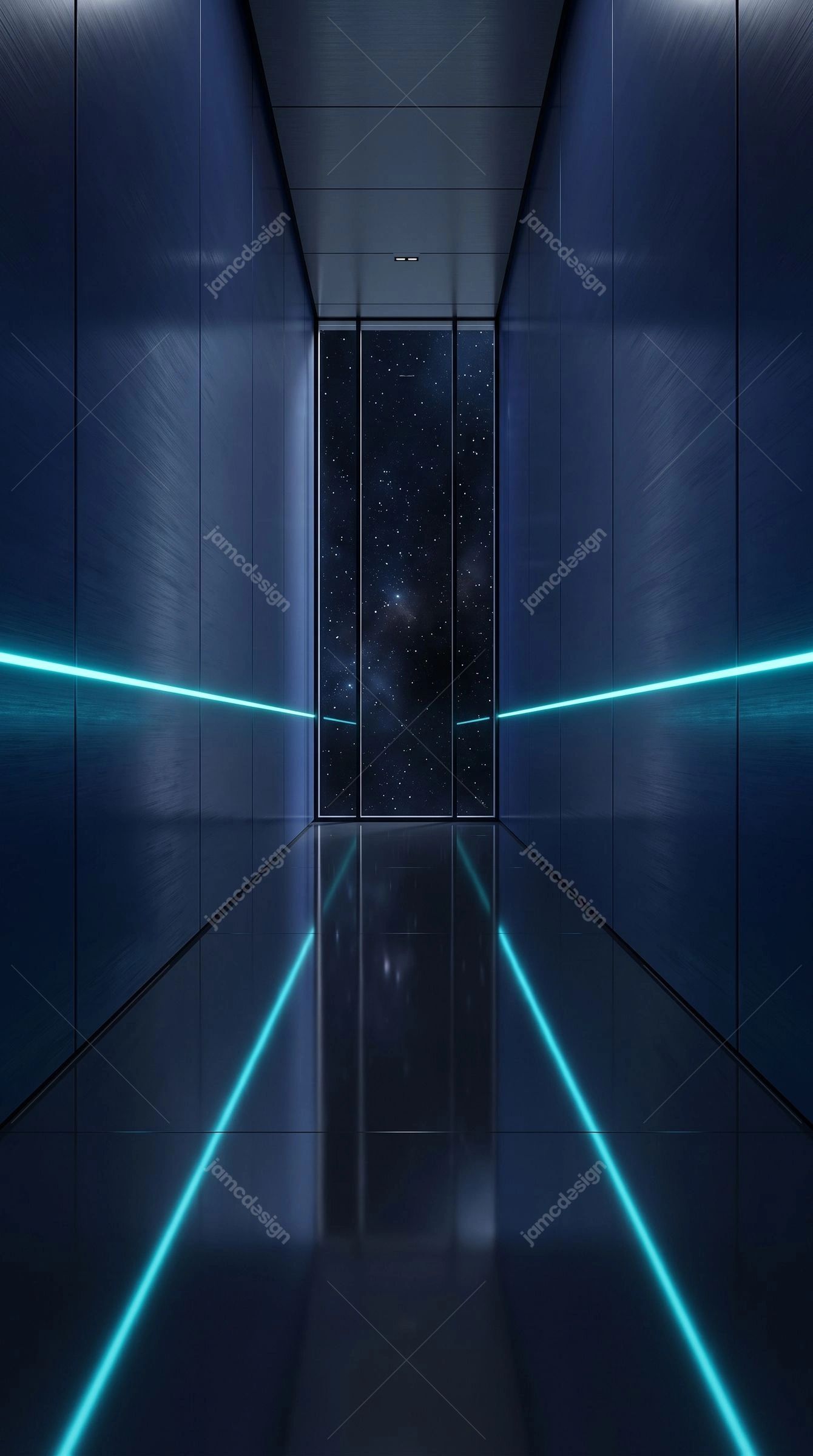 Blue Spaceship Corridor Background. Download this JPG background showing a sleek blue metallic spaceship corridor with glowing cyan lines