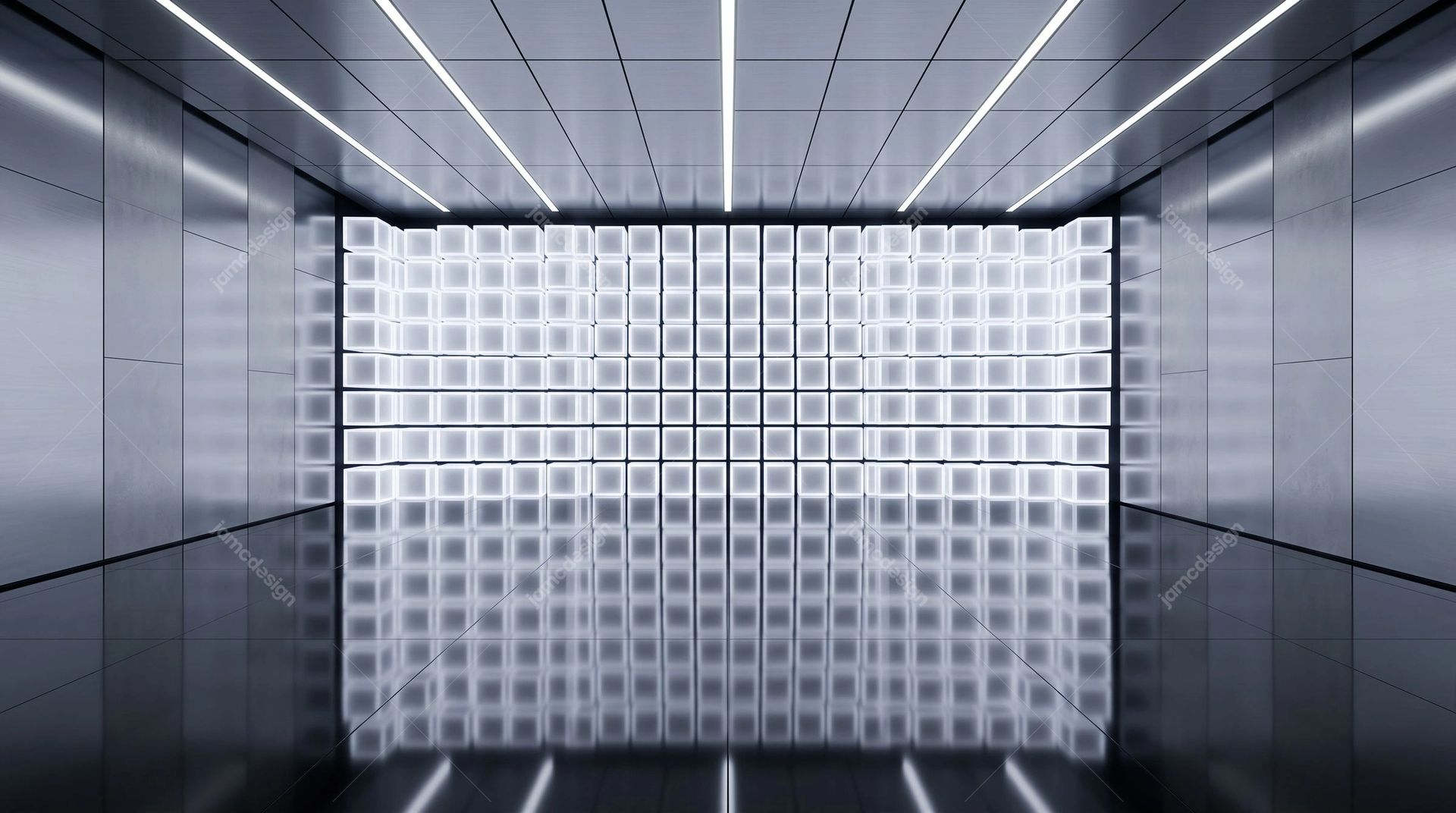 Silver Futuristic Grid Wall Background. Download this JPG background showing a futuristic metallic interior with a bright geometric grid wall