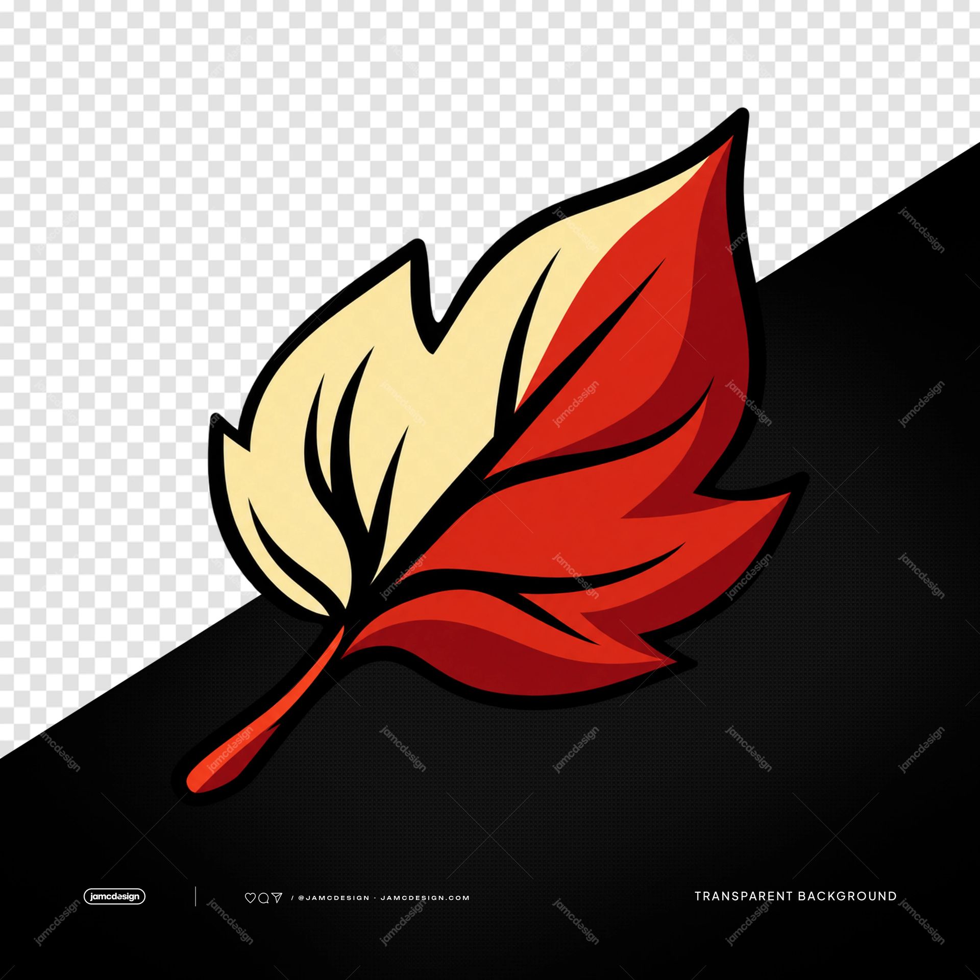 Red And Cream Autumn Leaf PNG. This PNG transparent object features a bold, illustrated autumn leaf with red and cream sections
