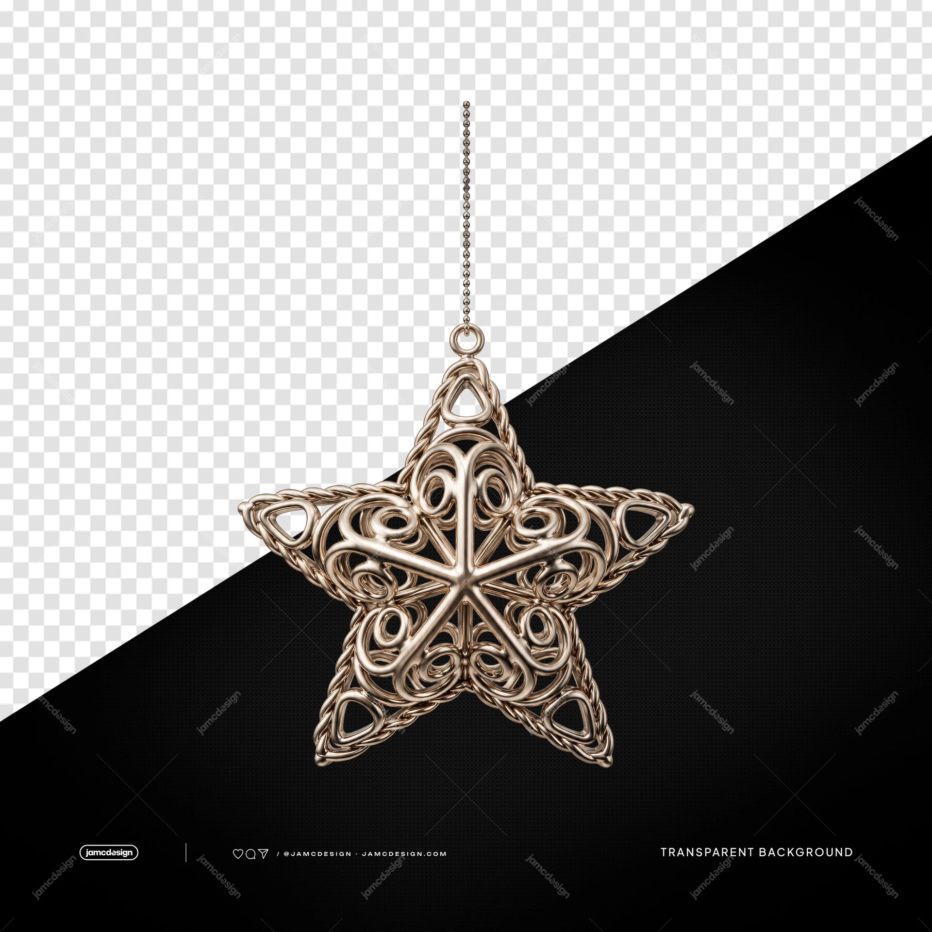 Ornate Christmas Star Ornament With Chain PNG. Download this transparent PNG object featuring an ornate five pointed Christmas star ornament with a hanging