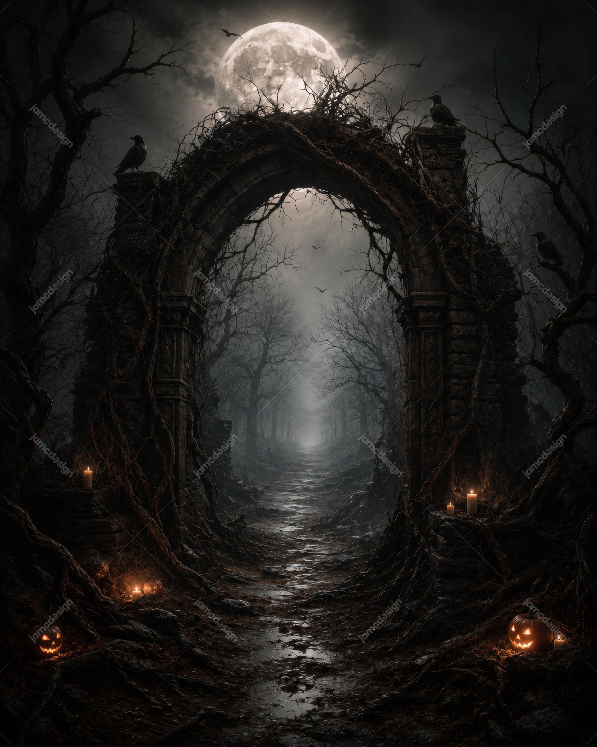 Haunted Chapel Full Moon Halloween Background. JPG background showing a haunted stone archway over a misty forest path