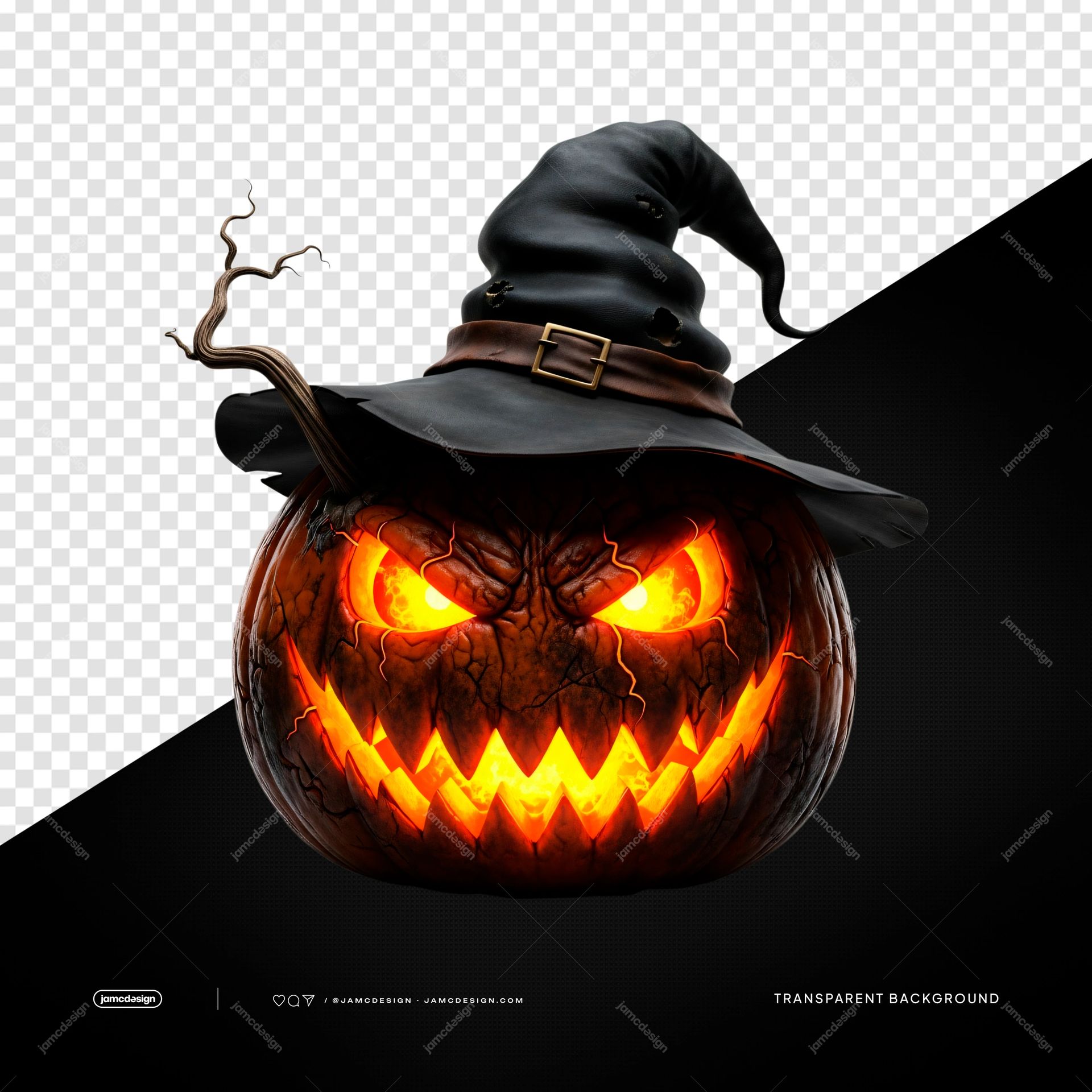 Witch Hat Jack O Lantern Pumpkin Glowing Object PNG Transparent. PNG transparent object featuring a cracked jack o lantern pumpkin with a crooked witch hat