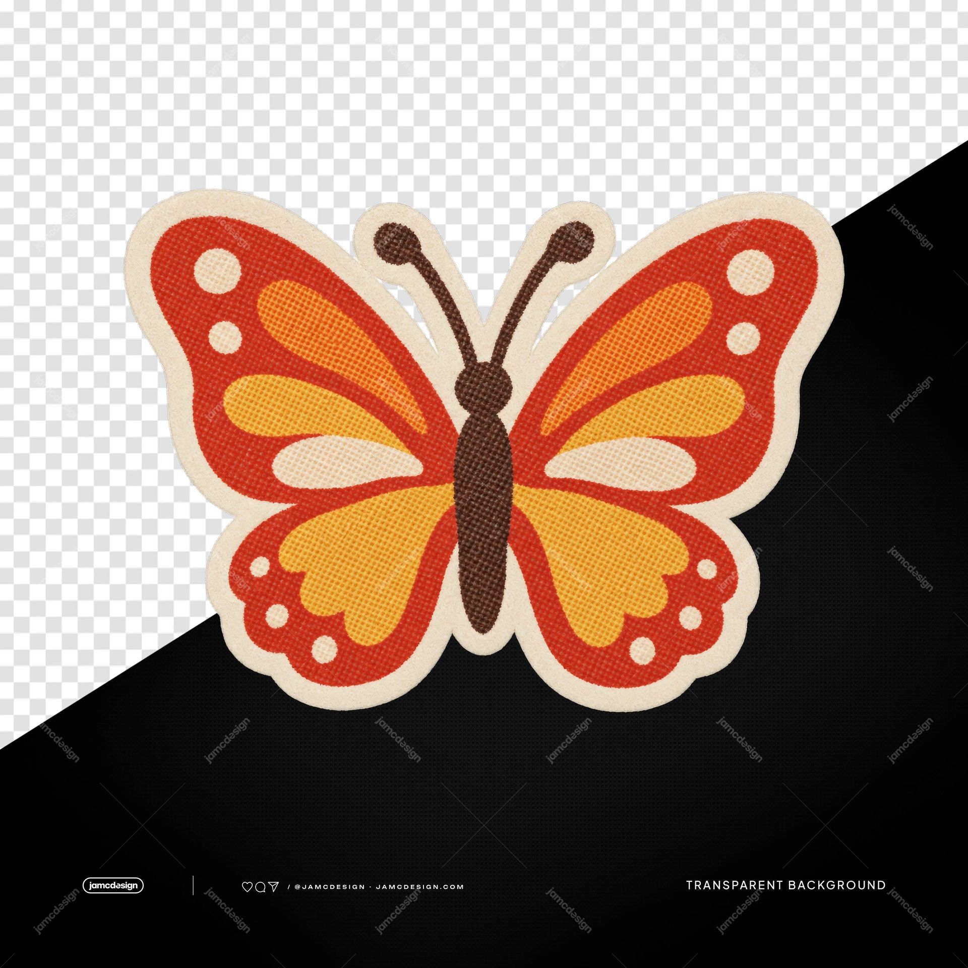 Parche De Tela Retro De Mariposa PNG. Este objeto PNG transparente presenta un parche retro de mariposa con alas naranjas, rojas y amarillas