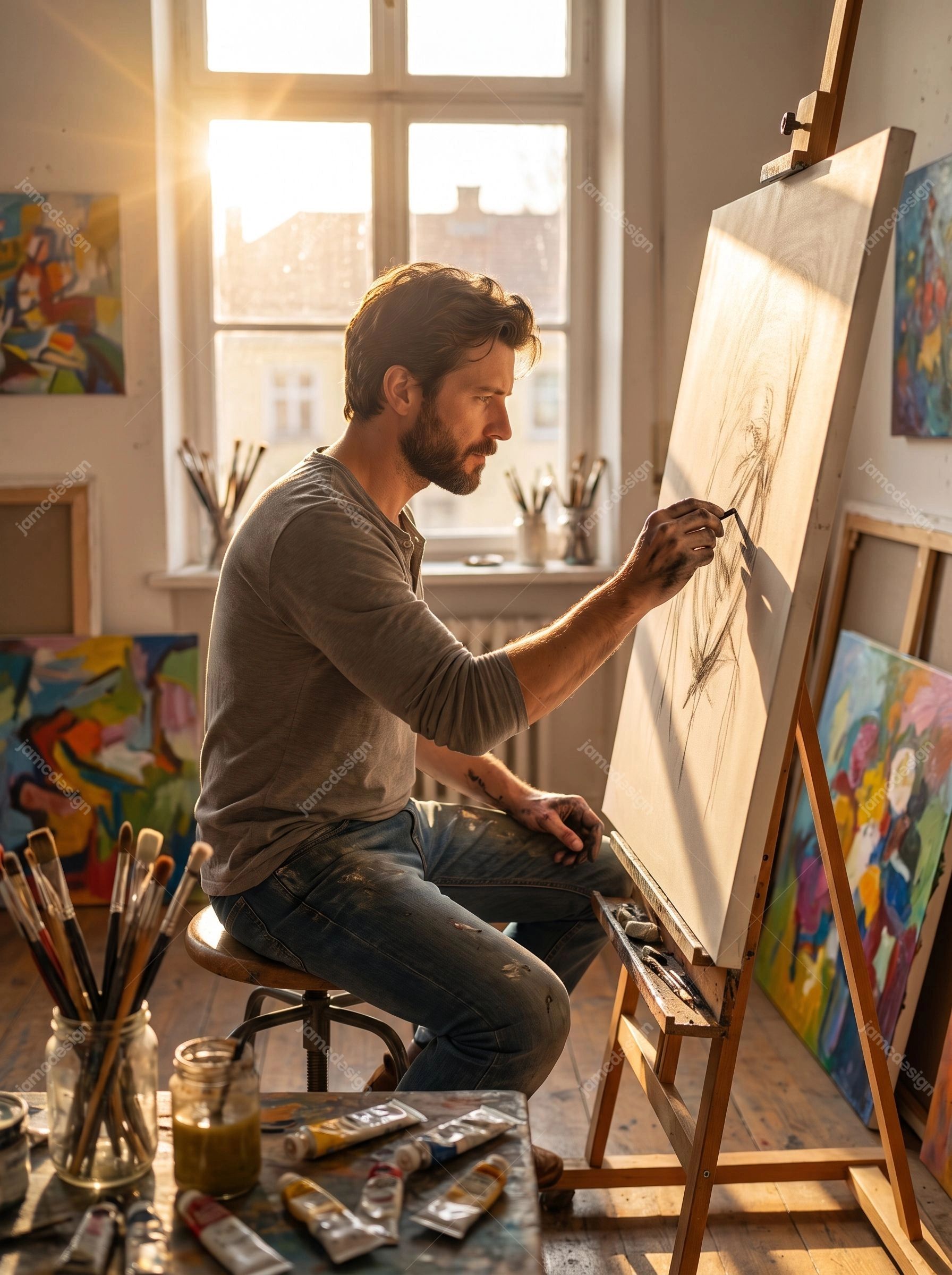 Artist Painting On Canvas In Sunlit Art Studio. JPG photo of a man painting at an easel in a sunlit art studio, surrounded by brushes