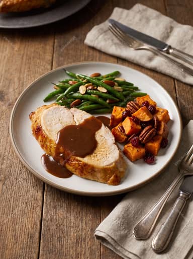 Roasted Turkey Slices With Gravy And Seasonal Sides