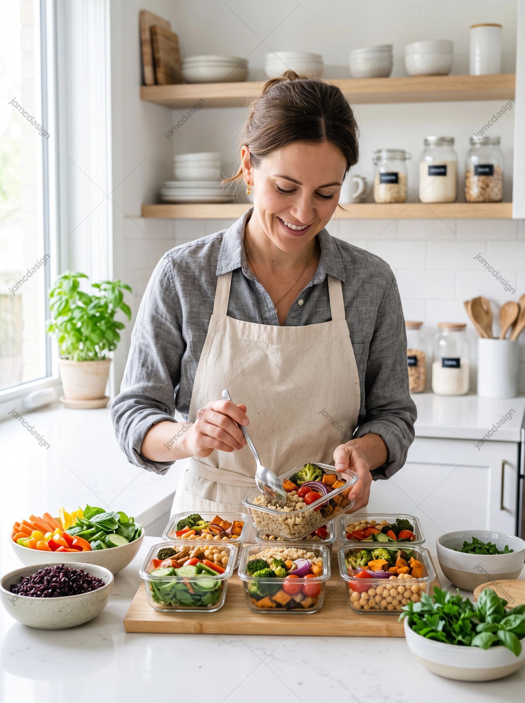 Mulher Preparando Marmitas Saudáveis. Baixe esta foto JPG de uma mulher sorridente preparando recipientes com refeições saudáveis em uma cozinha doméstica