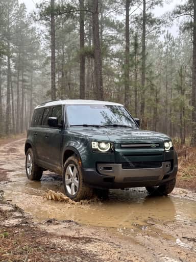 Land Rover Defender Crossing Muddy Forest Puddles