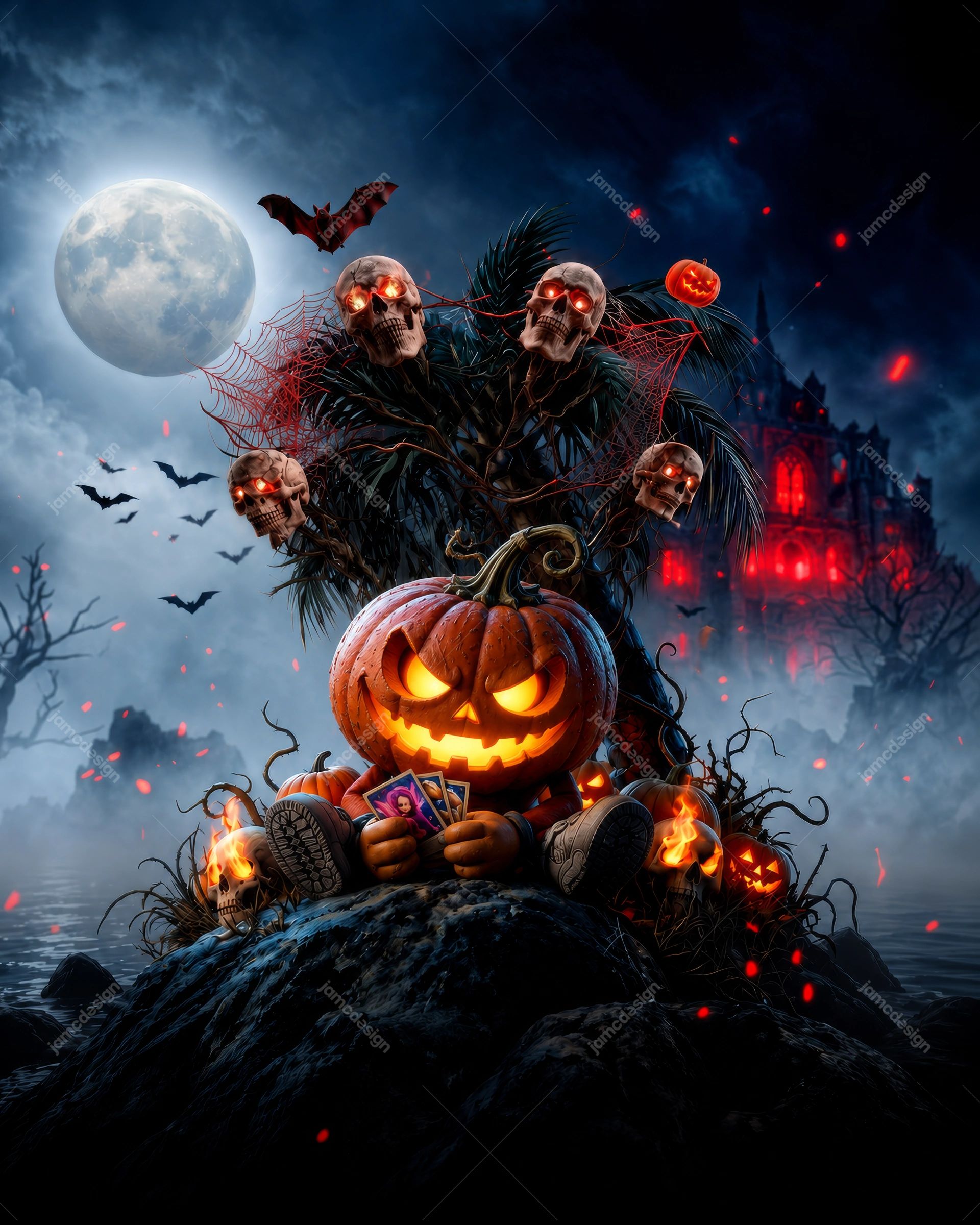 Halloween Pumpkin And Skull Background. This Halloween PNG background depicts a glowing carved pumpkin, skulls and bats in a moonlit