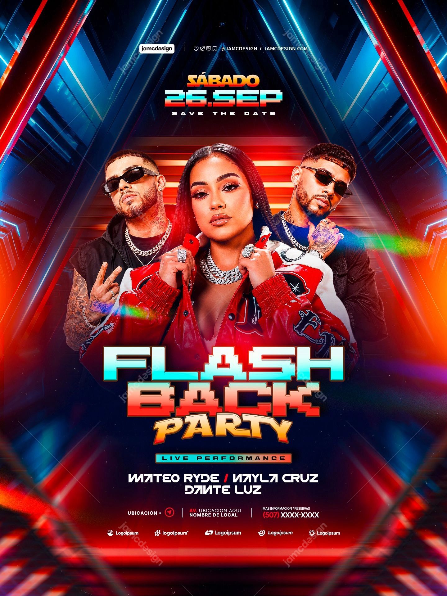 Modelo De Flyer Da Festa FlashBack Com Performers E Neon PSD. Modelo de flyer de evento em PSD editável para uma festa FlashBack