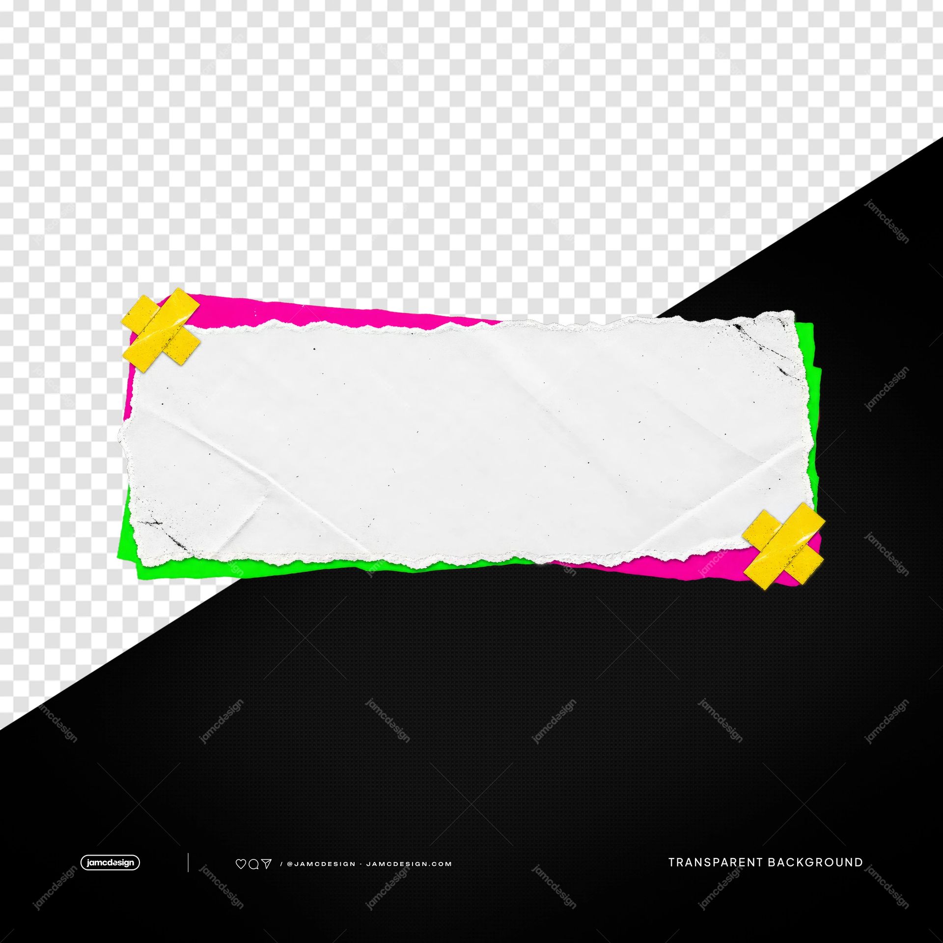 Pancarta De Papel Blanco Rasgado Con Cinta Amarilla PNG Transparente. Objeto transparente PNG con una pancarta de papel blanco rasgado sujeta con cinta