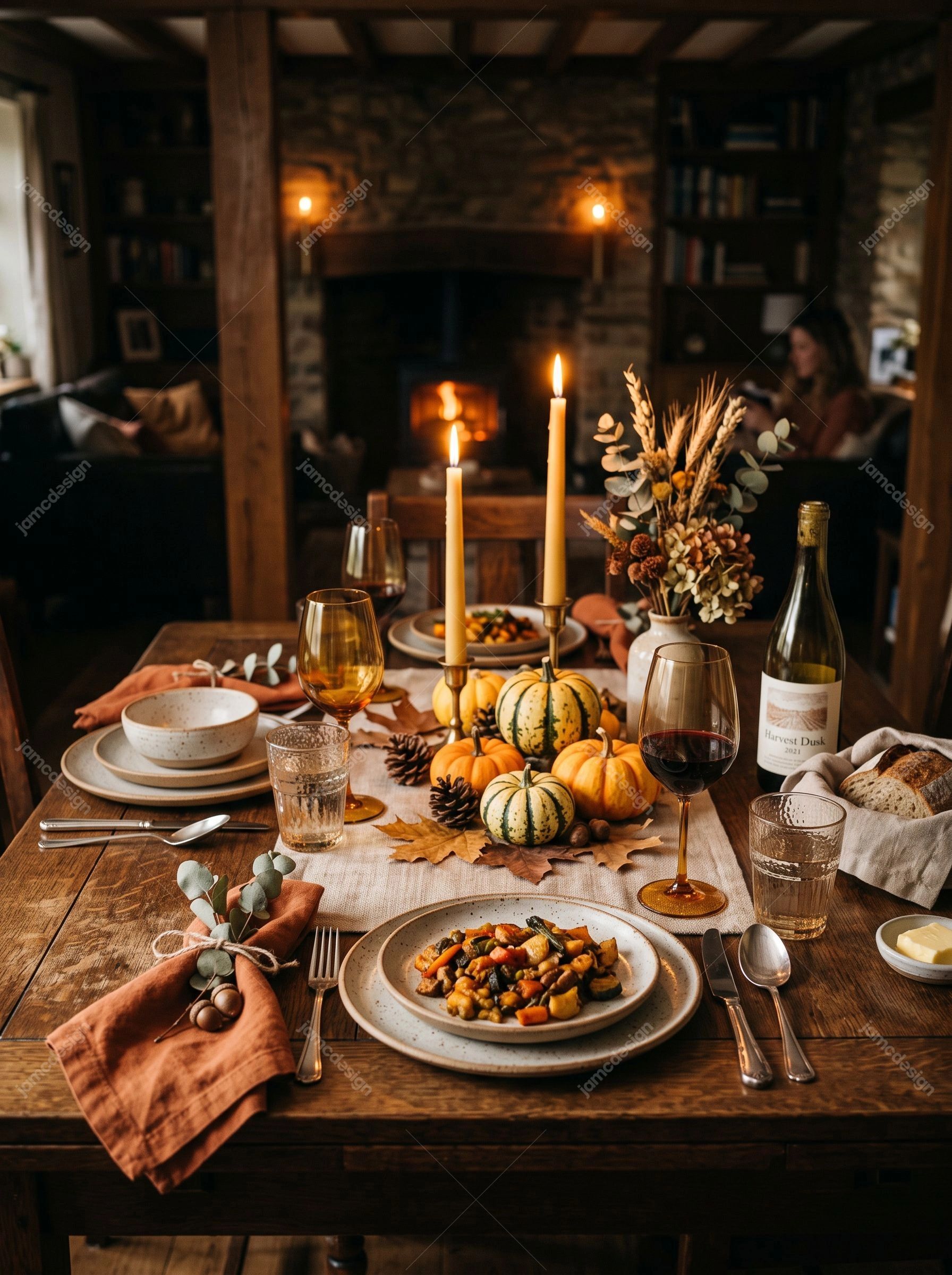 Table Rustique Dressée Pour Un Repas D'Automne Avec Des Citrouilles. Téléchargez cette photo JPG d’une table de dîner automnale rustique avec des citrouilles