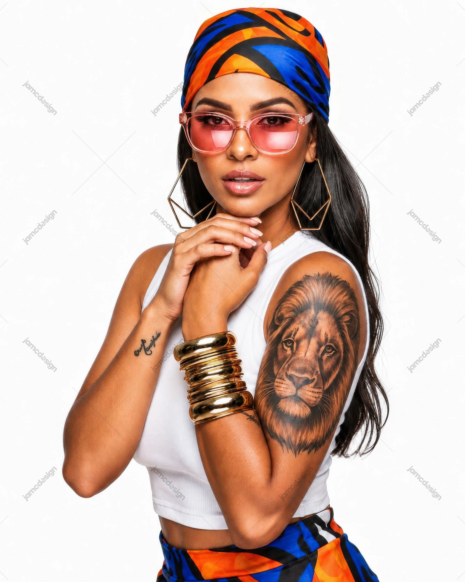 African Fashion Woman Portrait With Lion Tattoo Colorful Headwrap. JPG photo of a fashion model in a colorful headwrap and tinted glasses