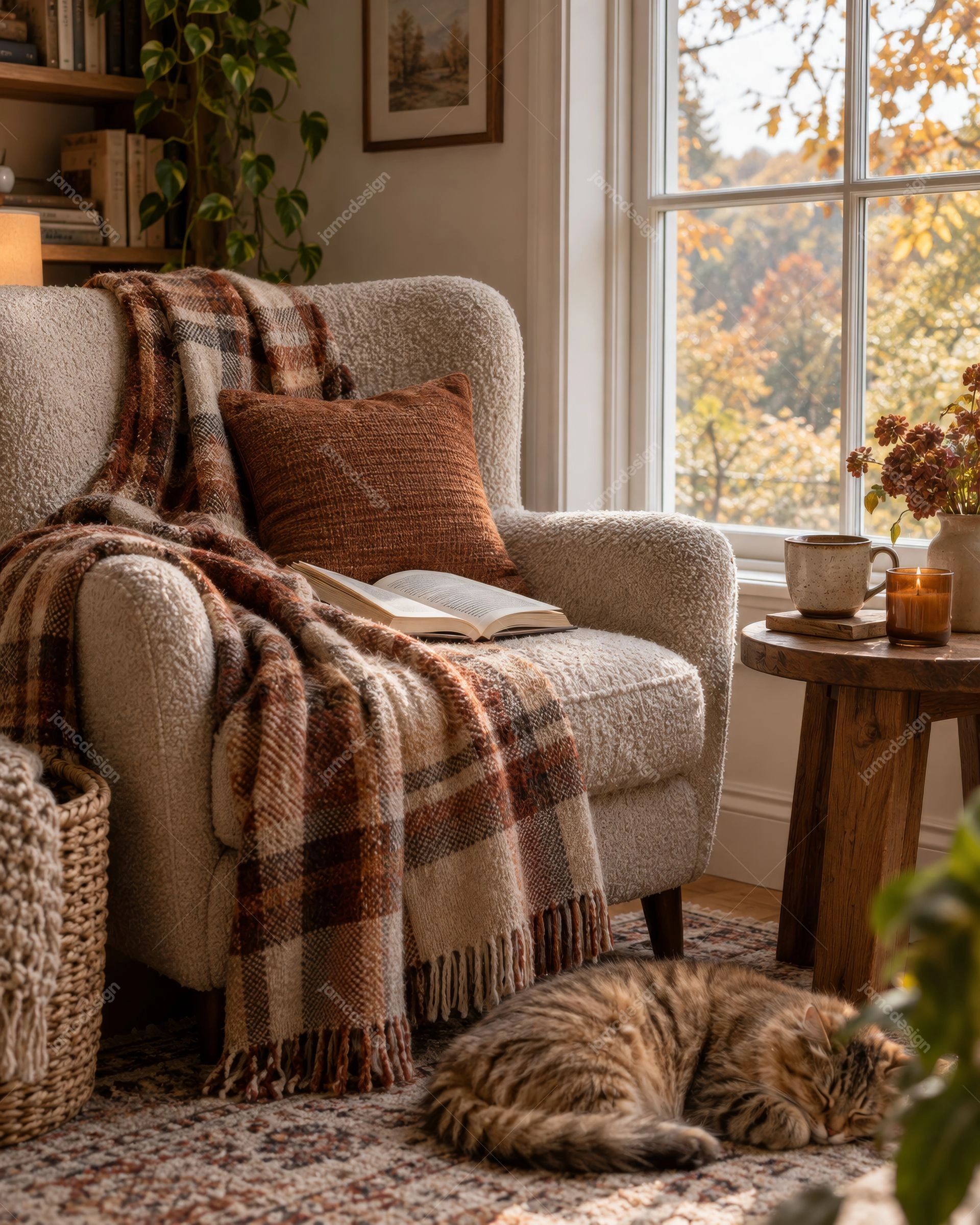 Fauteuil Douillet Avec Chat Endormi Et Plaid. Cette photo JPG montre un fauteuil confortable recouvert d’une couverture à carreaux, un livre ouvert