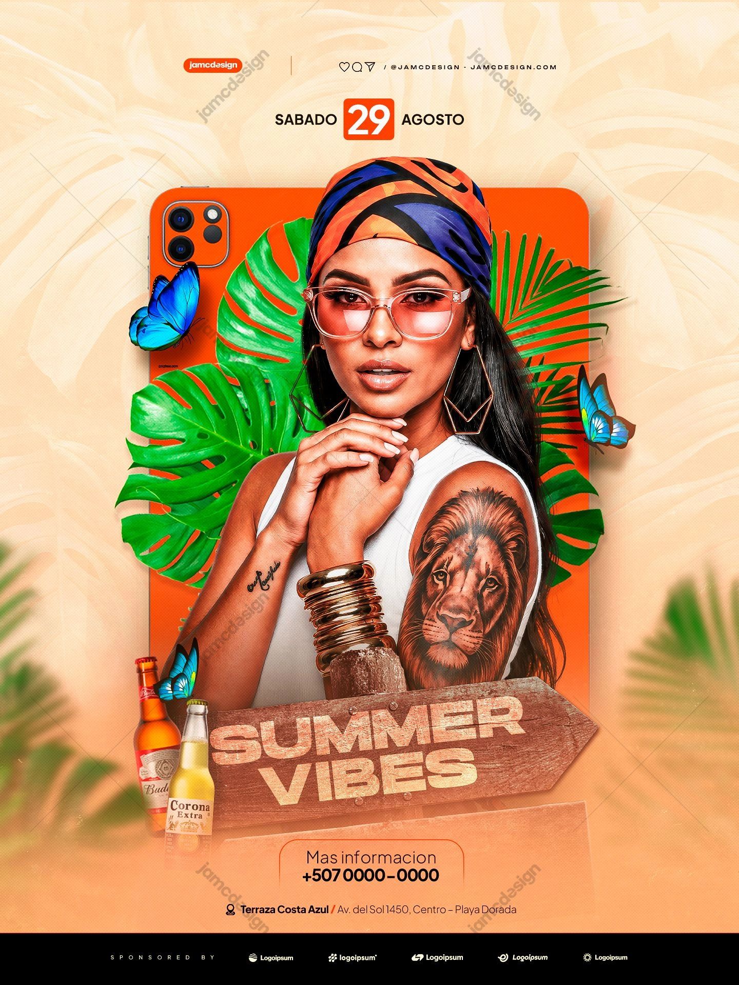 Summer Vibes Tropical Woman Flyer PSD. Editable PSD event flyer template with a fashion styled woman, tropical leaves, butterflies and drink bottles