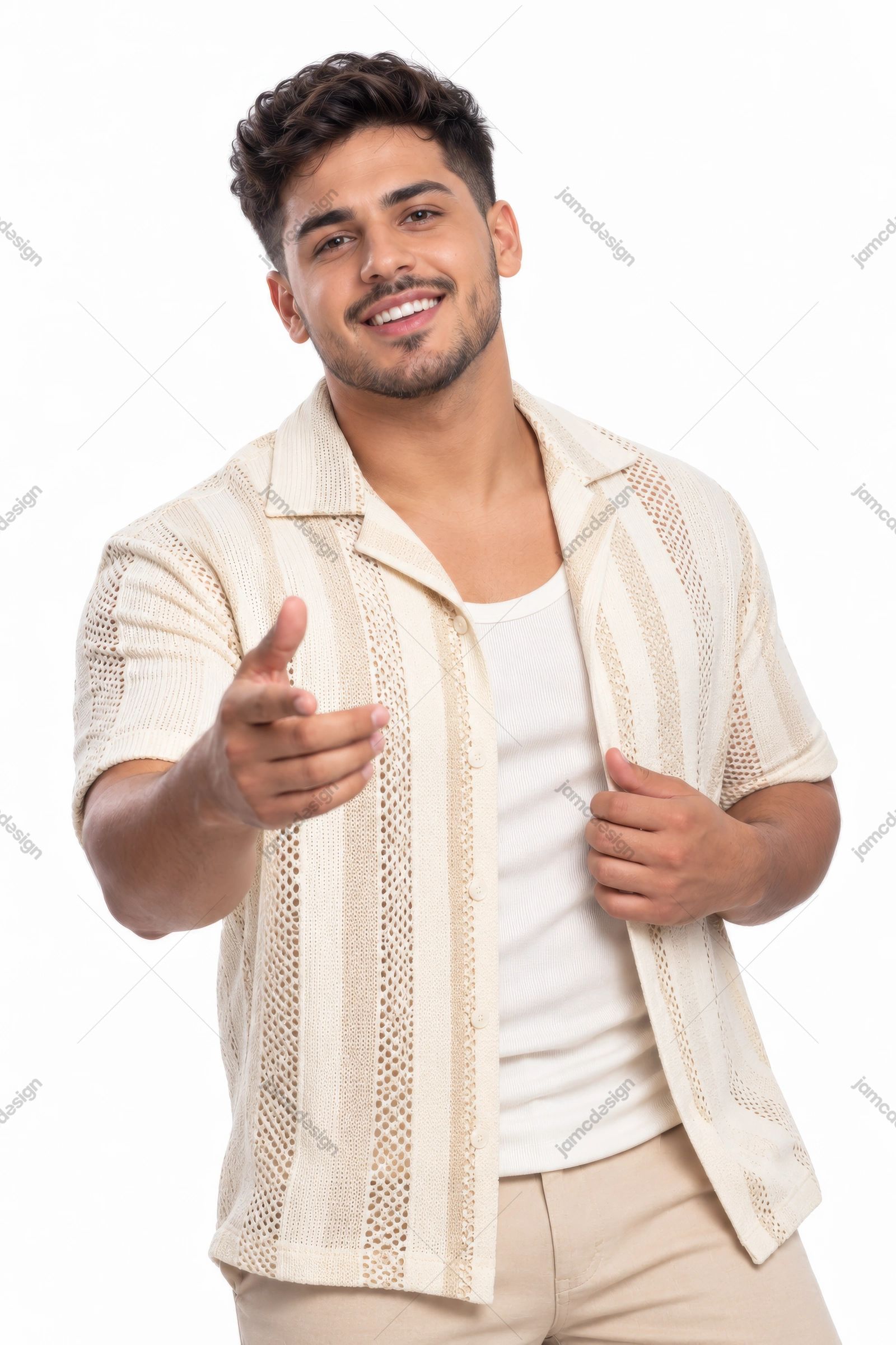 Smiling Bearded Man In Cream Crochet Shirt PNG. This PNG photo features a smiling bearded man in a cream open knit shirt over a white top
