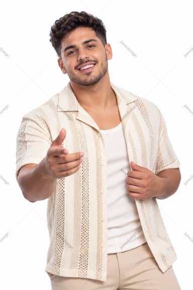 Smiling Bearded Man In Cream Crochet Shirt PNG