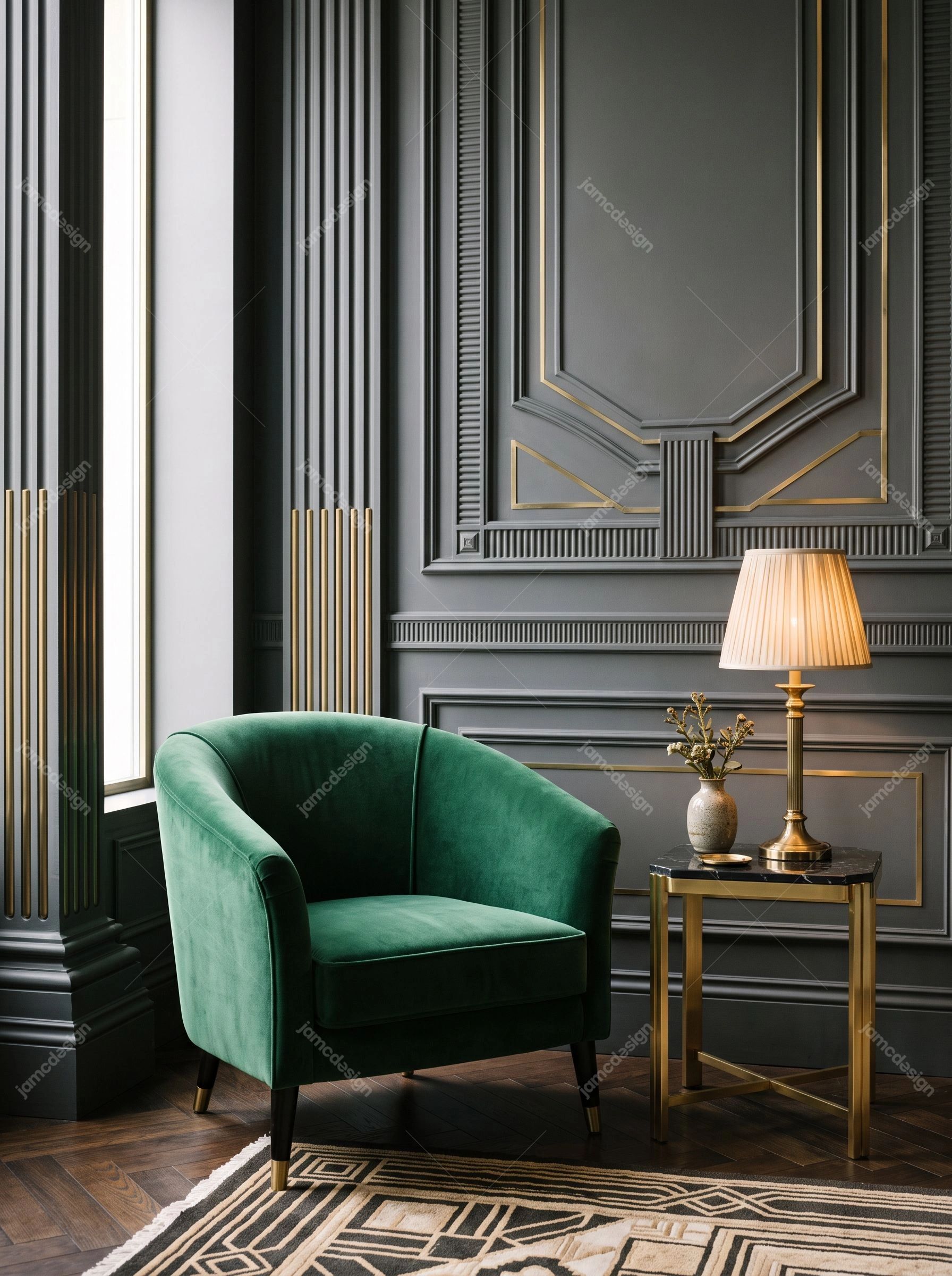 Photo D’Intérieur Art Déco Avec Fauteuil En Velours Vert. Photo JPG d’un intérieur élégant avec un fauteuil en velours vert