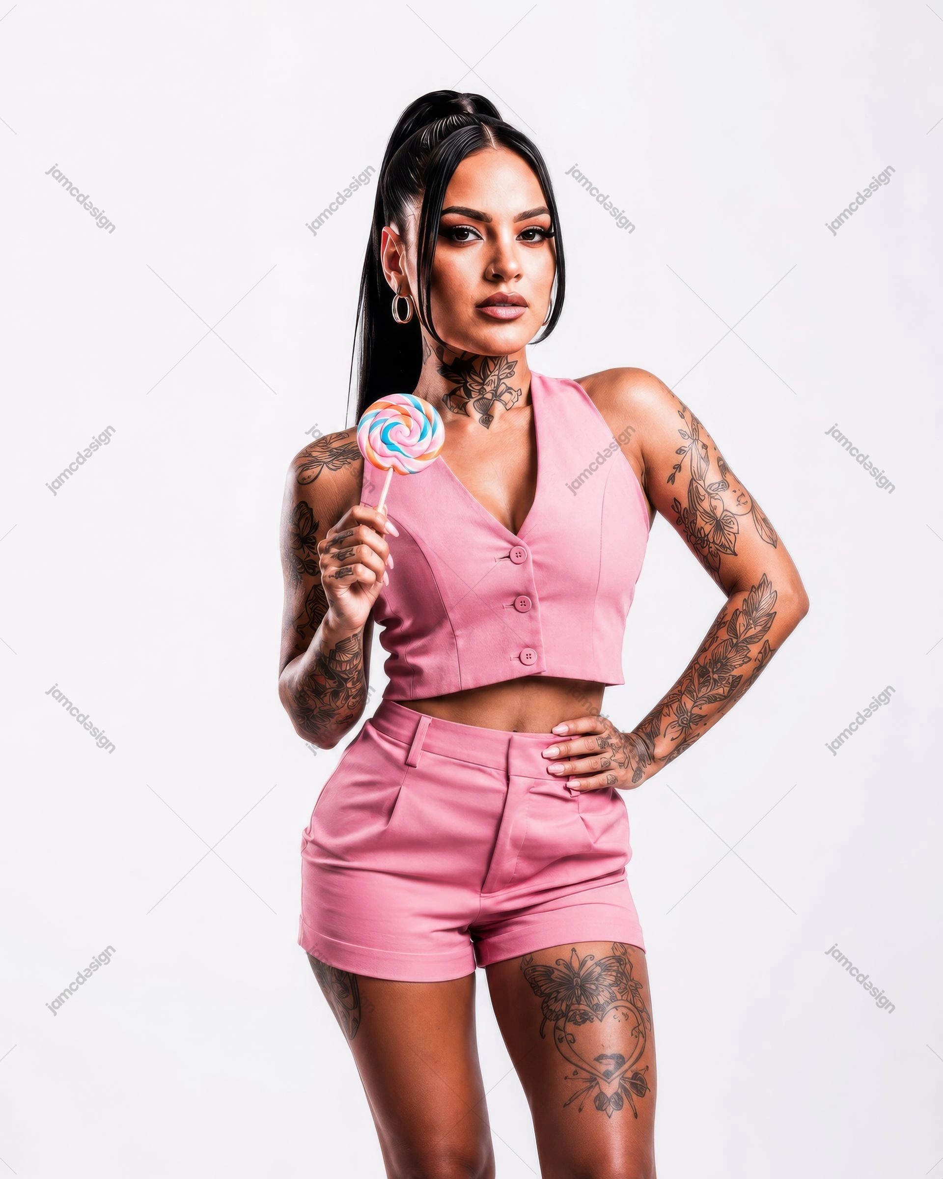 Tattooed Woman In Pink Vest And Shorts With Lollipop Photo. Studio photo on a plain white background showing a tattooed woman in a pink buttoned vest