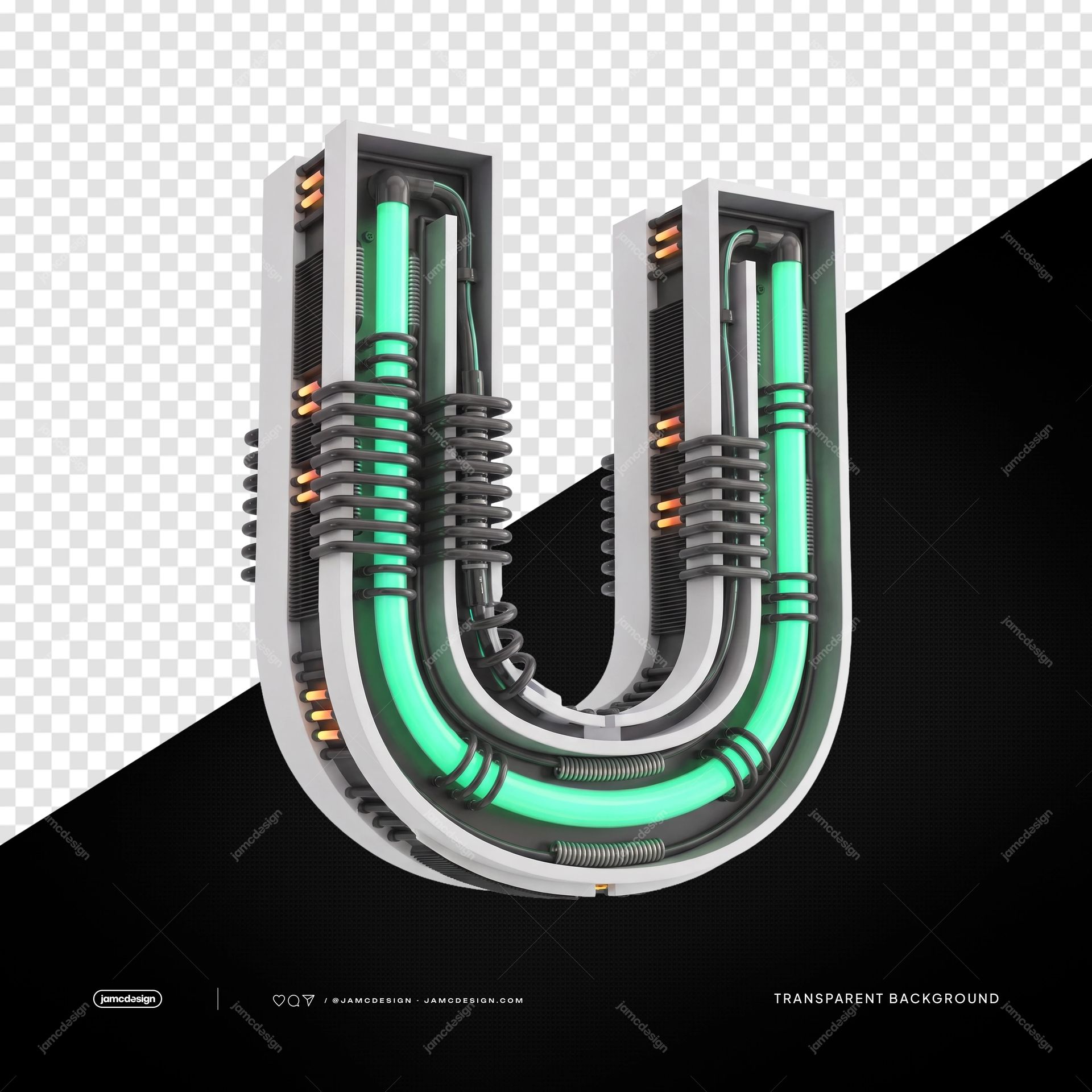 Letra U Neón Industrial Futurista 3D PNG Fondo Transparente. Letra U de neón industrial 3D suministrada como PNG con fondo transparente