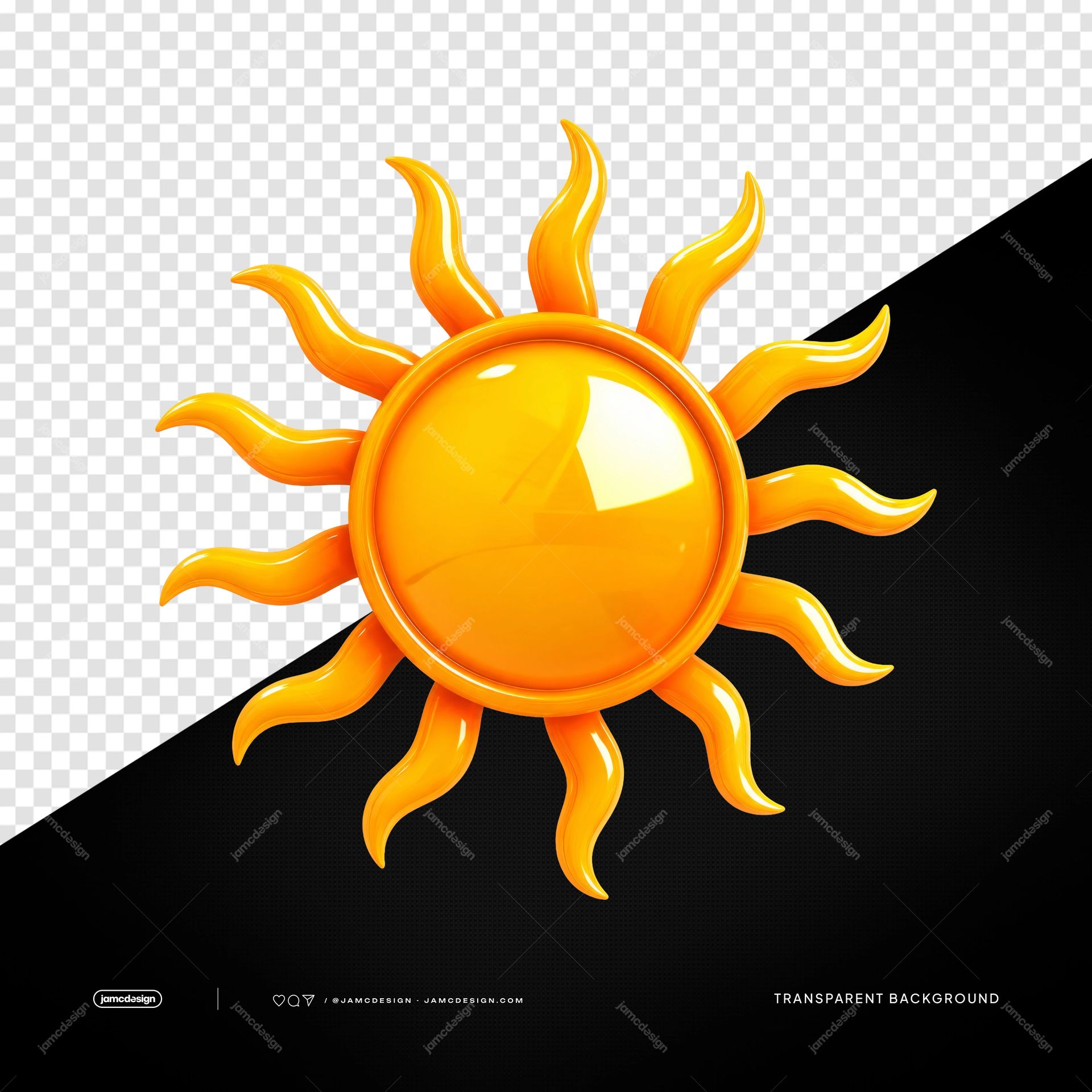 3D Glossy Sun Icon PNG Transparent Background. A 3D glossy sun icon in orange and yellow tones on a transparent PNG background