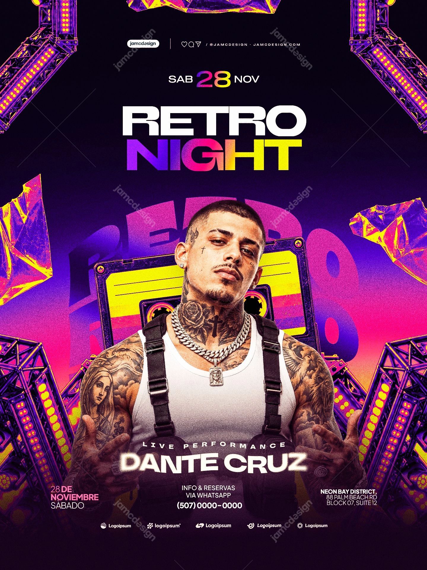 Retro Night Event Flyer Template PSD. Retro PSD event flyer featuring a tattooed man, bold neon lettering and geometric stage lights against a dark purple