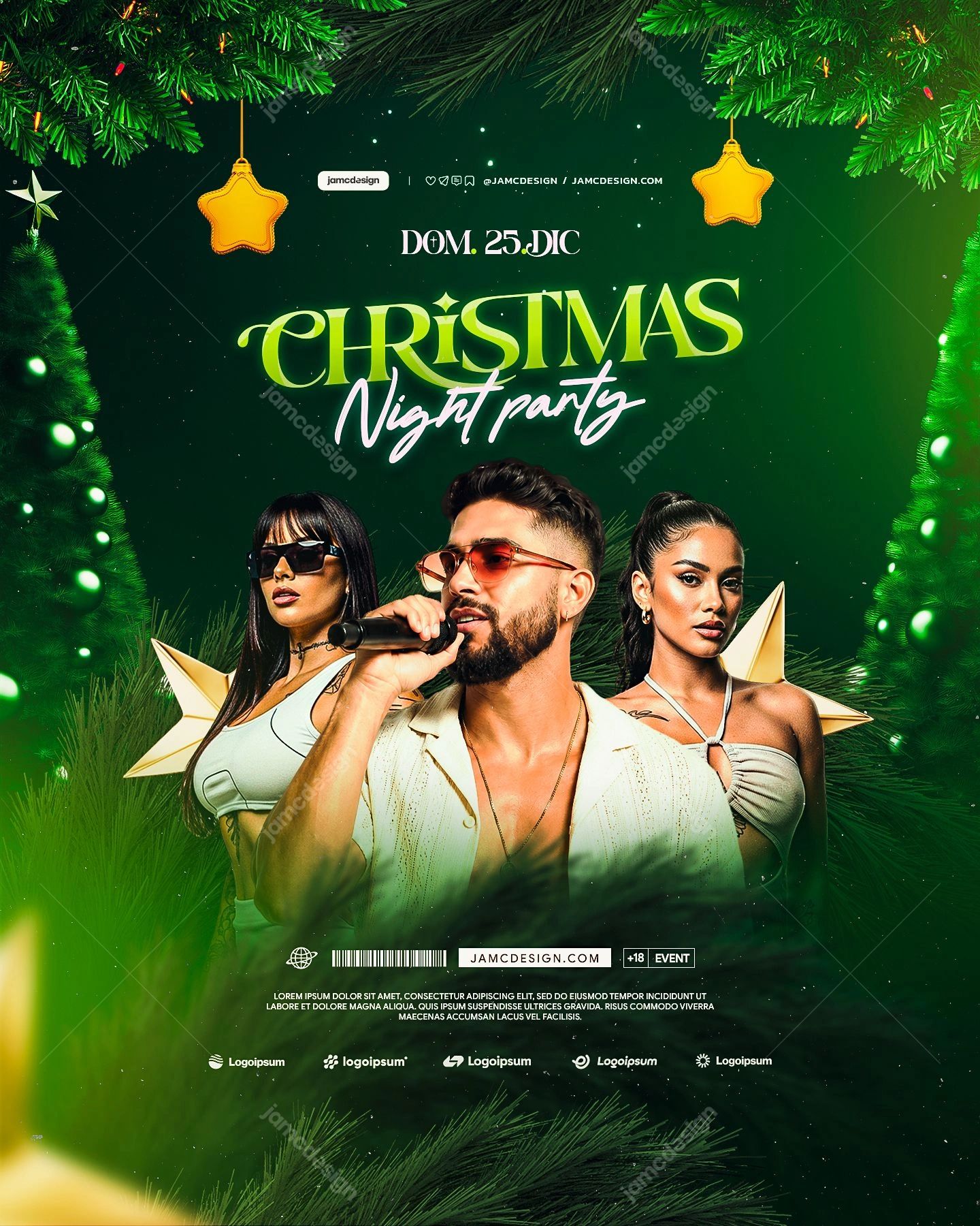Evergreen Christmas Party Flyer Template PSD. Download this editable PSD event flyer featuring a male singer with a microphone and two fashion models beneath