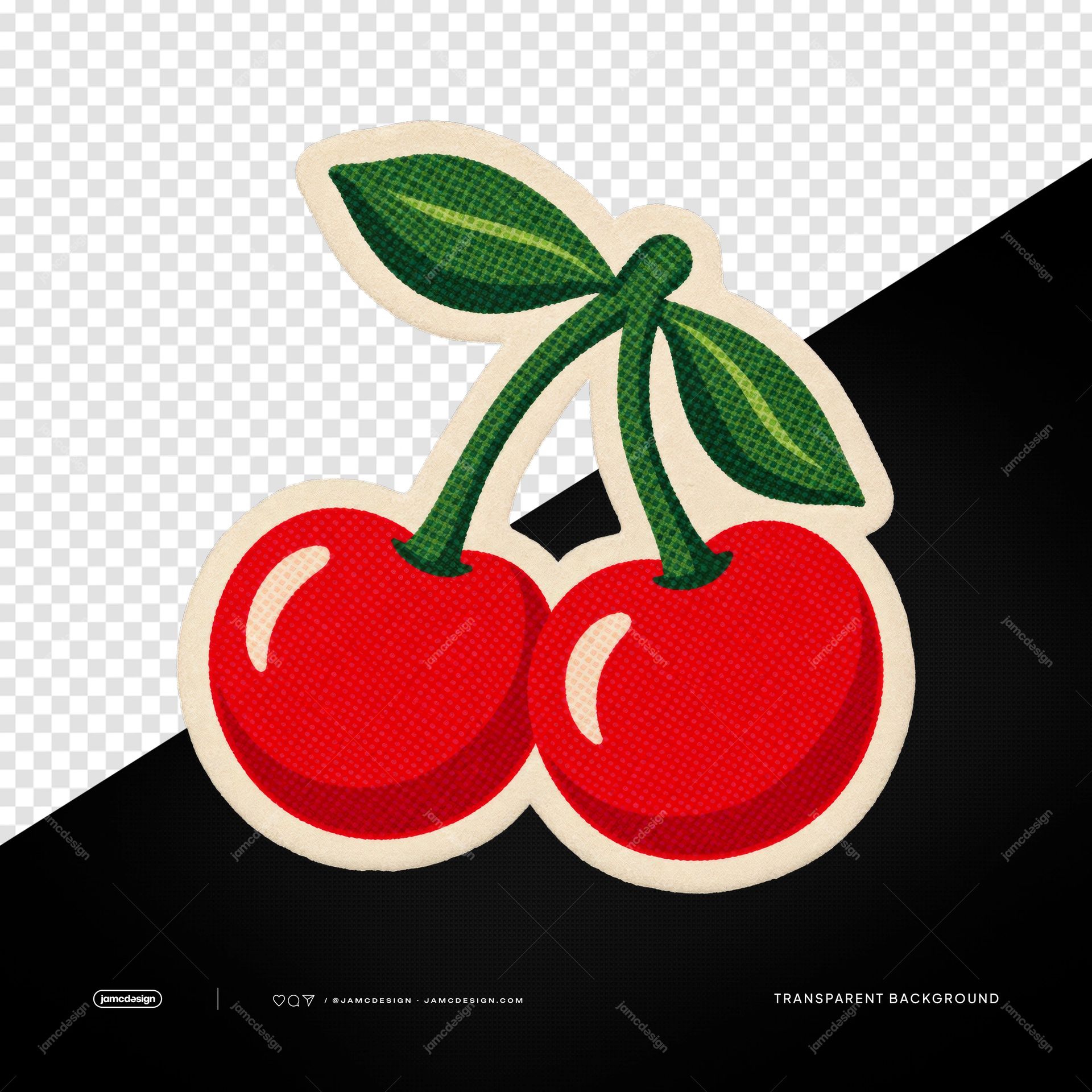 Pegatina Bordada De Dos Cerezas Rojas PNG. Este objeto transparente en PNG muestra dos cerezas rojas con hojas verdes