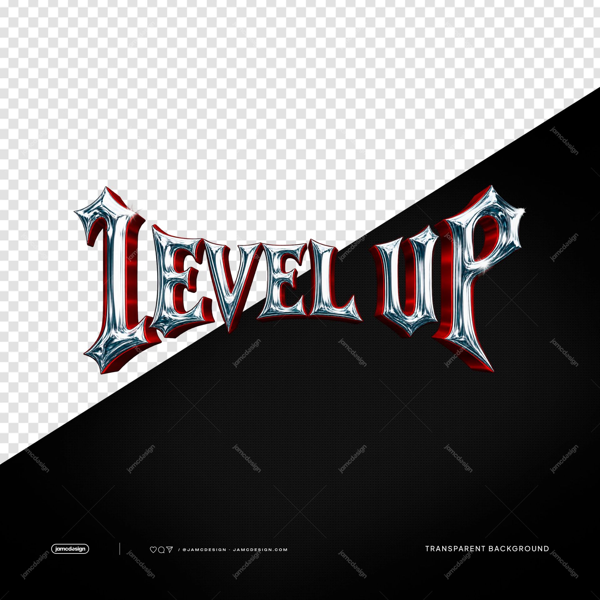 Level Up Ornate Gothic 3D Text PNG. Chrome red 3D title PNG with ornate gothic lettering, metallic highlights and a transparent background