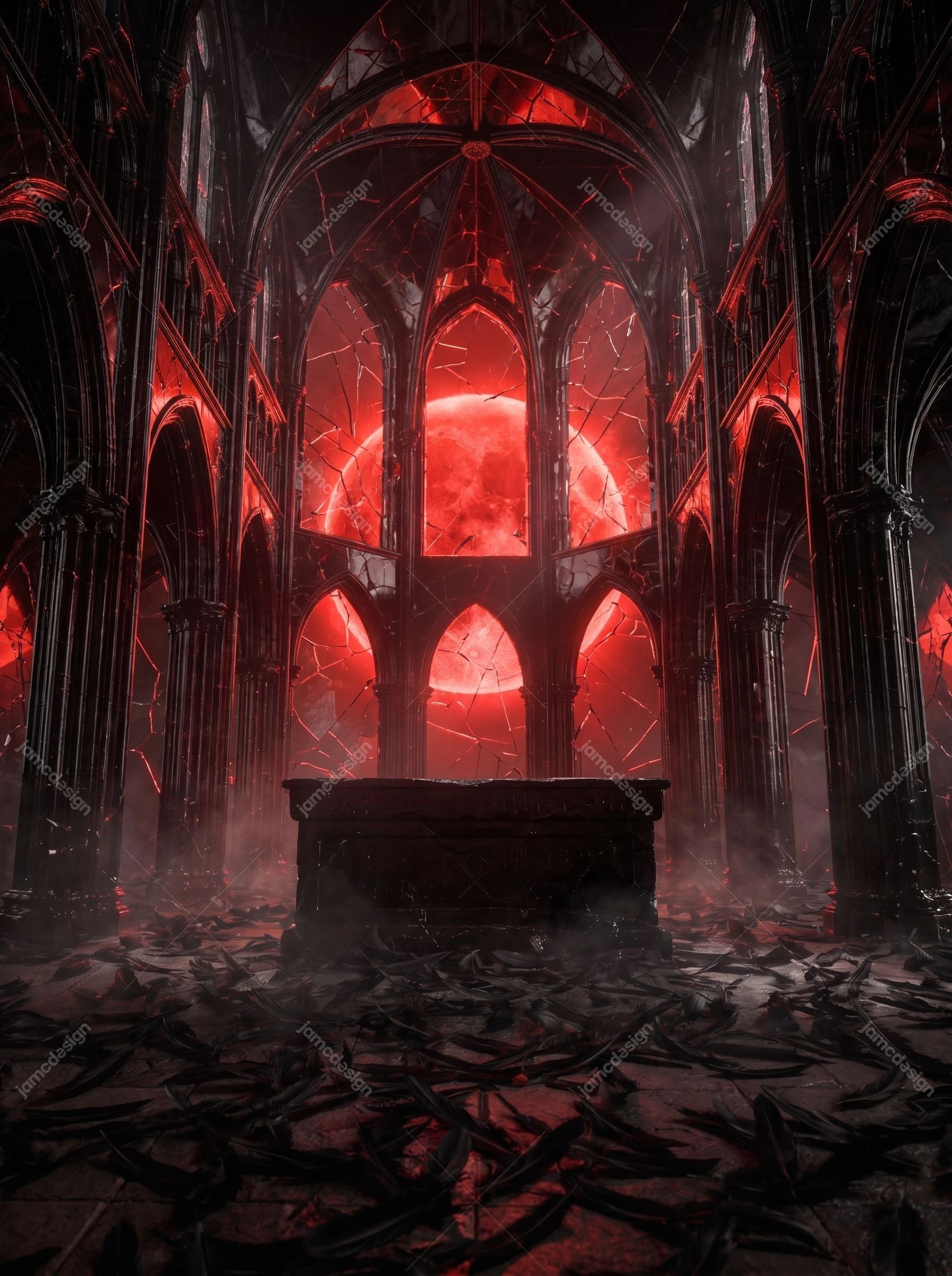 Red Moon Gothic Cathedral Interior Dark Cathedral Interior. JPG background showing a dark gothic cathedral interior with towering pointed arches