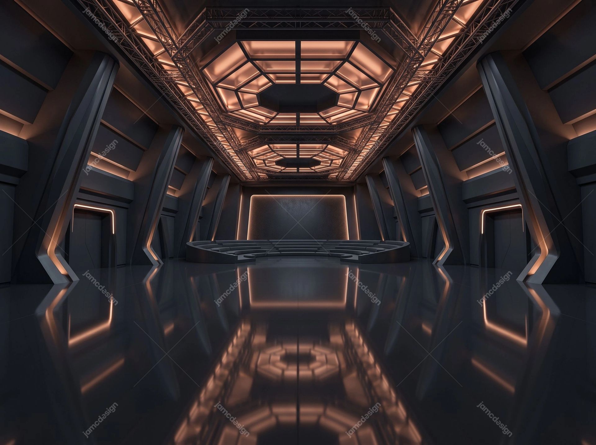 Dark Metallic Futuristic Corridor Background. Download this JPG sci fi corridor background showing a dark metallic interior with warm amber ceiling lights
