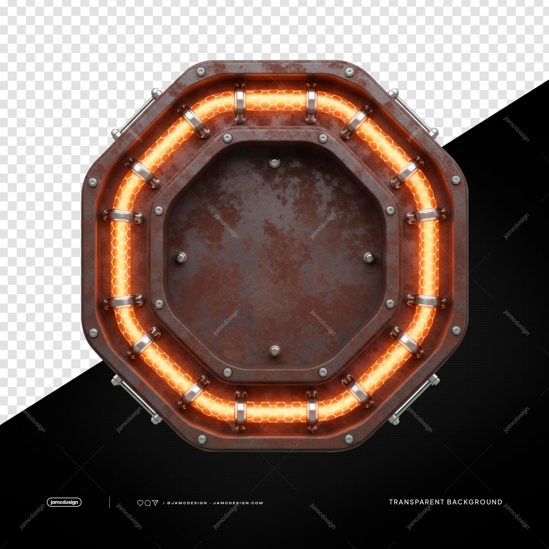 Orange LED Octagonal Light Ring Amber Metal Frame PNG Transparent. Orange LED octagonal light ring supplied as a PNG transparent object