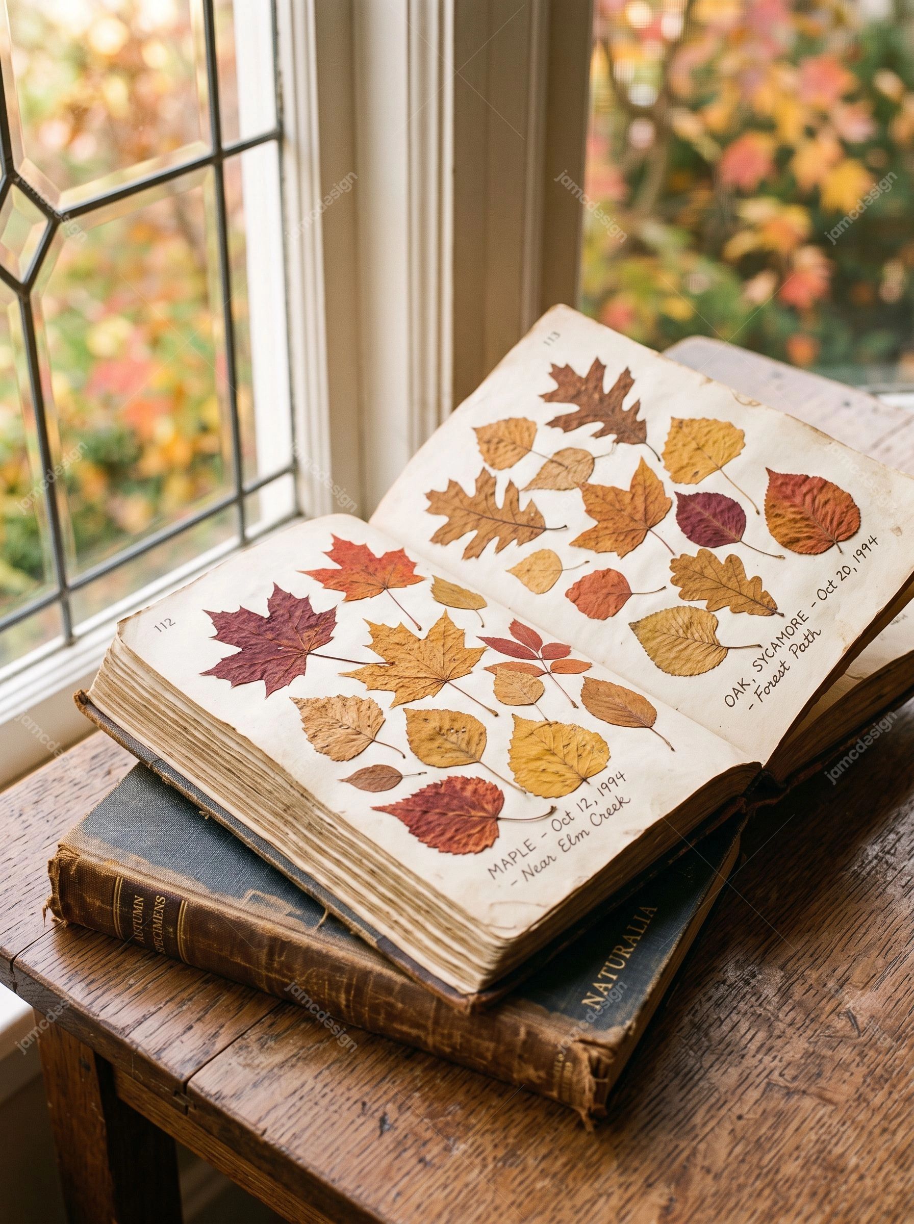 Feuilles D’Automne Pressées Dans Un Livre Ancien Ouvert. Photo JPG d’un livre vintage ouvert présentant des feuilles d’automne pressées sur une table en bois