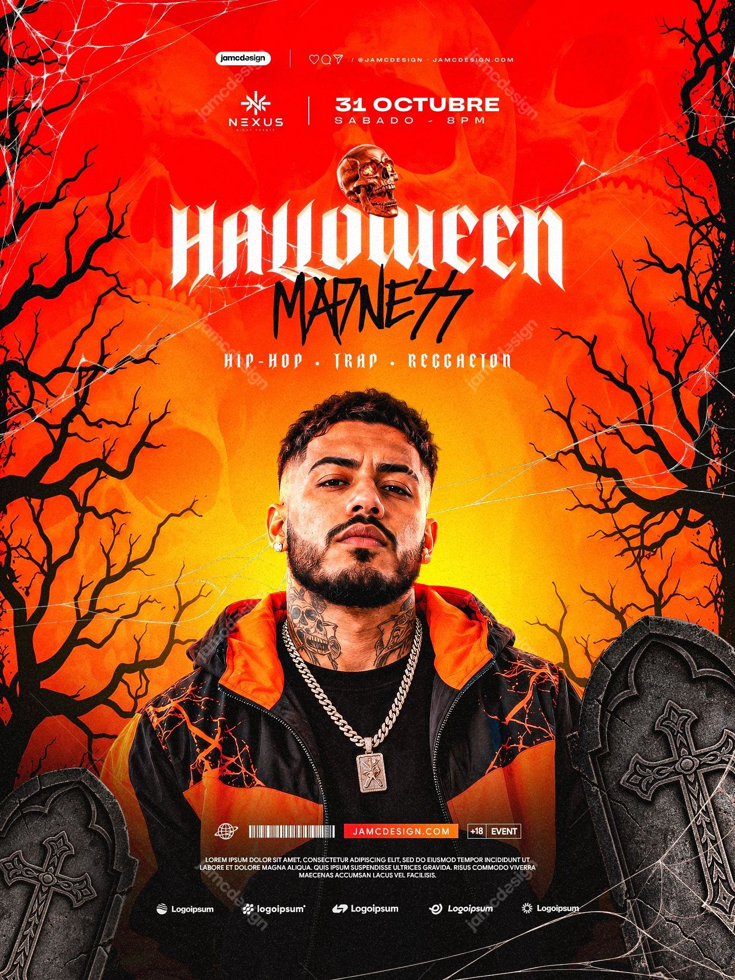 Halloween Cemetery Party Flyer Template PSD. This editable PSD Halloween event flyer features a male figure, bare trees