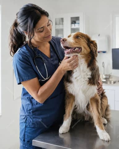 Veterinaria Examinando Perro En Clínica Animal