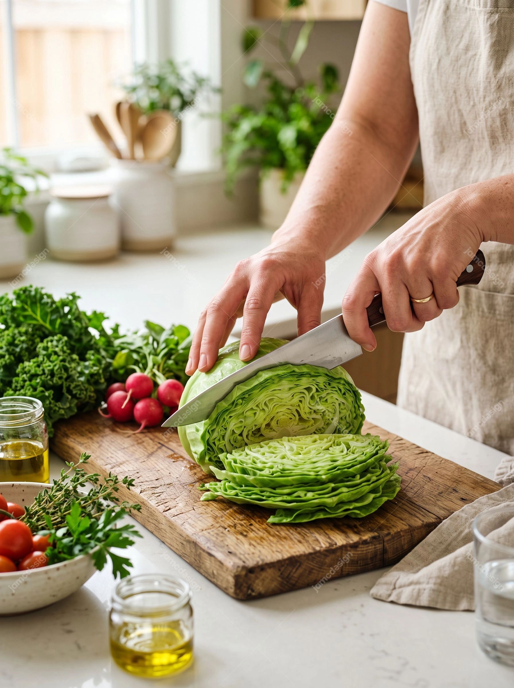 Femme Découpant Un Chou Vert Frais Dans Une Cuisine Lumineuse. Cette photo JPG réaliste montre une femme éminçant un chou vert frais sur une planche en bois
