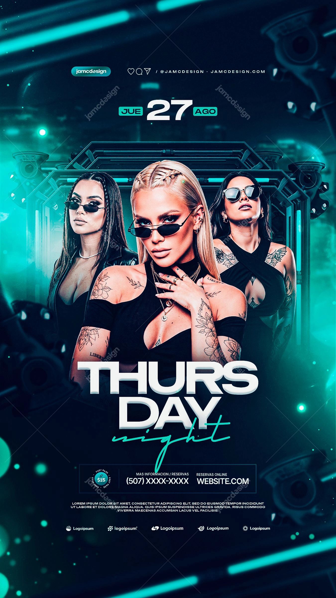 Thursday Night Story Flyer PSD Template Editable. Editable PSD event flyer featuring three women in sunglasses and bold condensed lettering