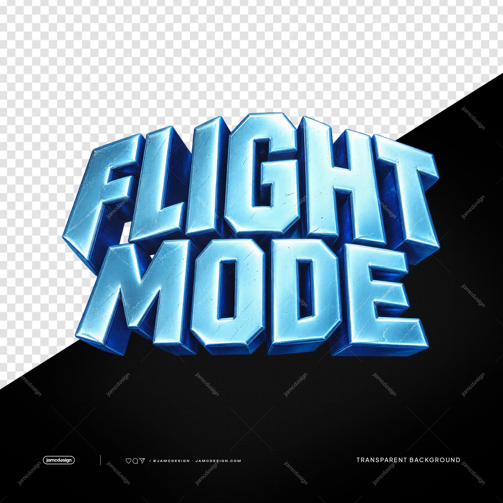 Flight Mode Blue Metallic 3D Lettering PNG. A transparent PNG graphic featuring oversized, beveled 3D block lettering in reflective blue metallic tones