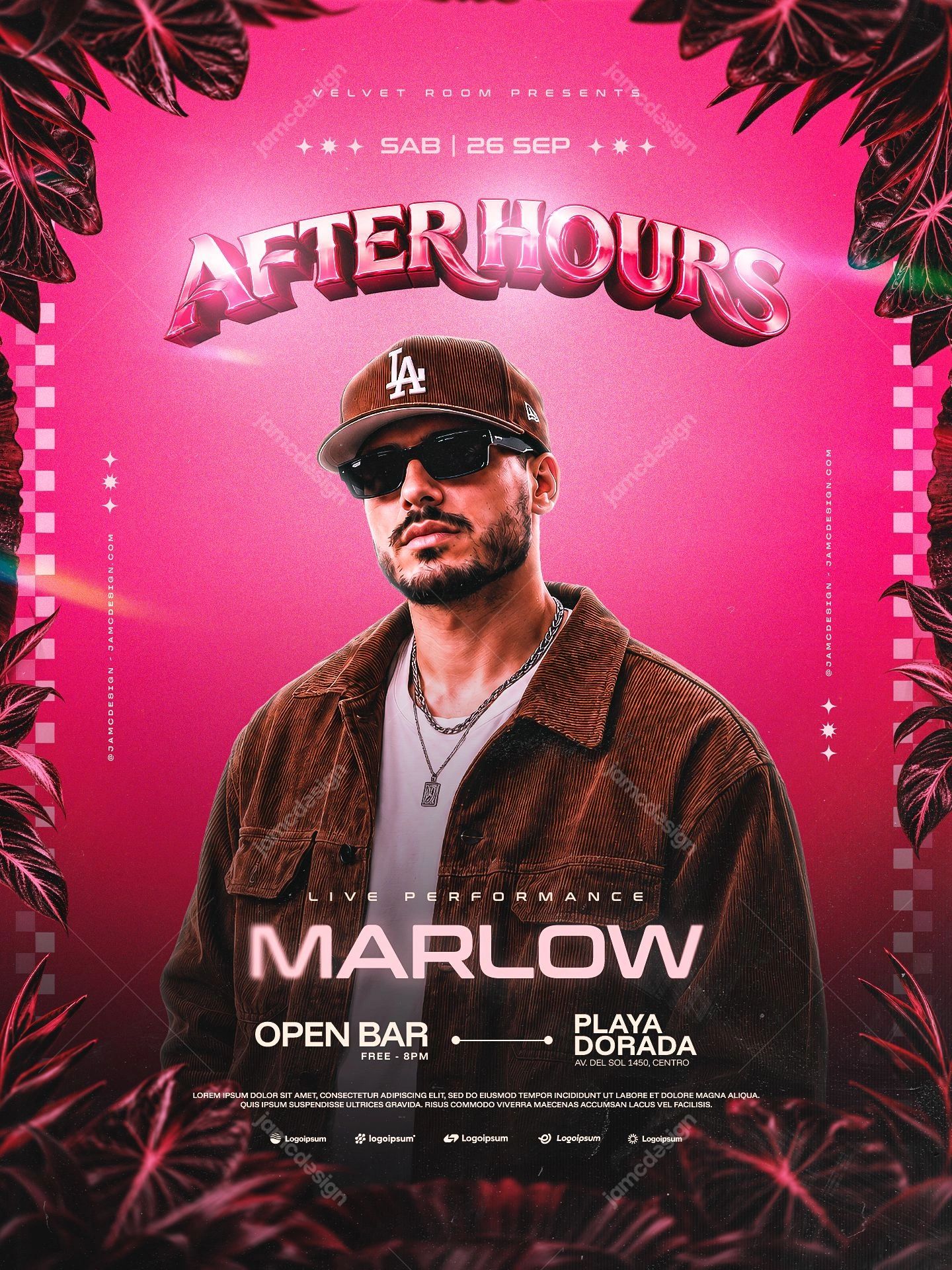 After Hours Nightlife Event Flyer Template PSD. Editable PSD event flyer template for a nightlife performance, featuring a male performer, vivid pink glow
