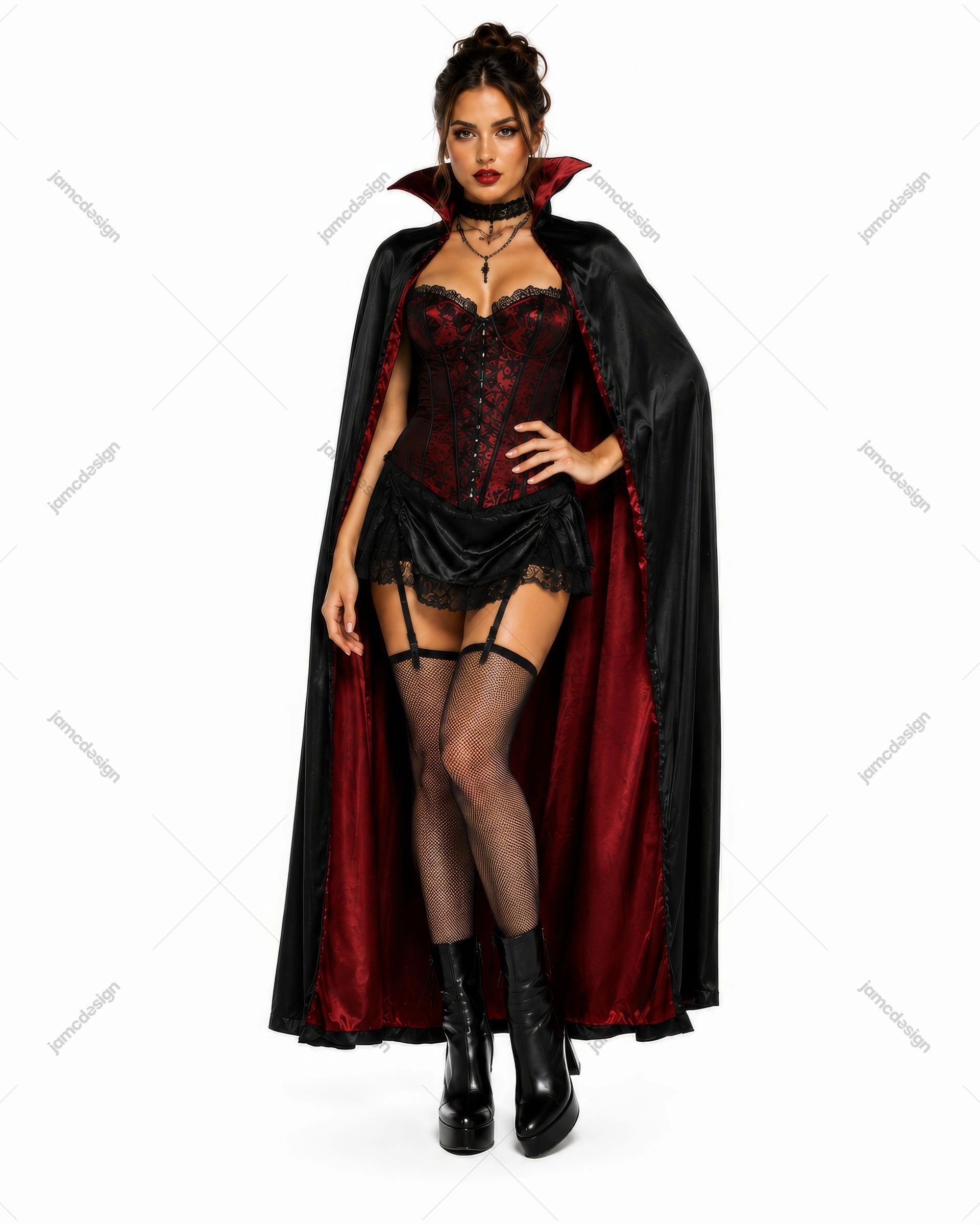 Foto De Mulher Vampira Com Corpete Vermelho E Capa Fantasia De Halloween. Foto de estúdio de corpo inteiro de uma mulher em fantasia gótica de vampira