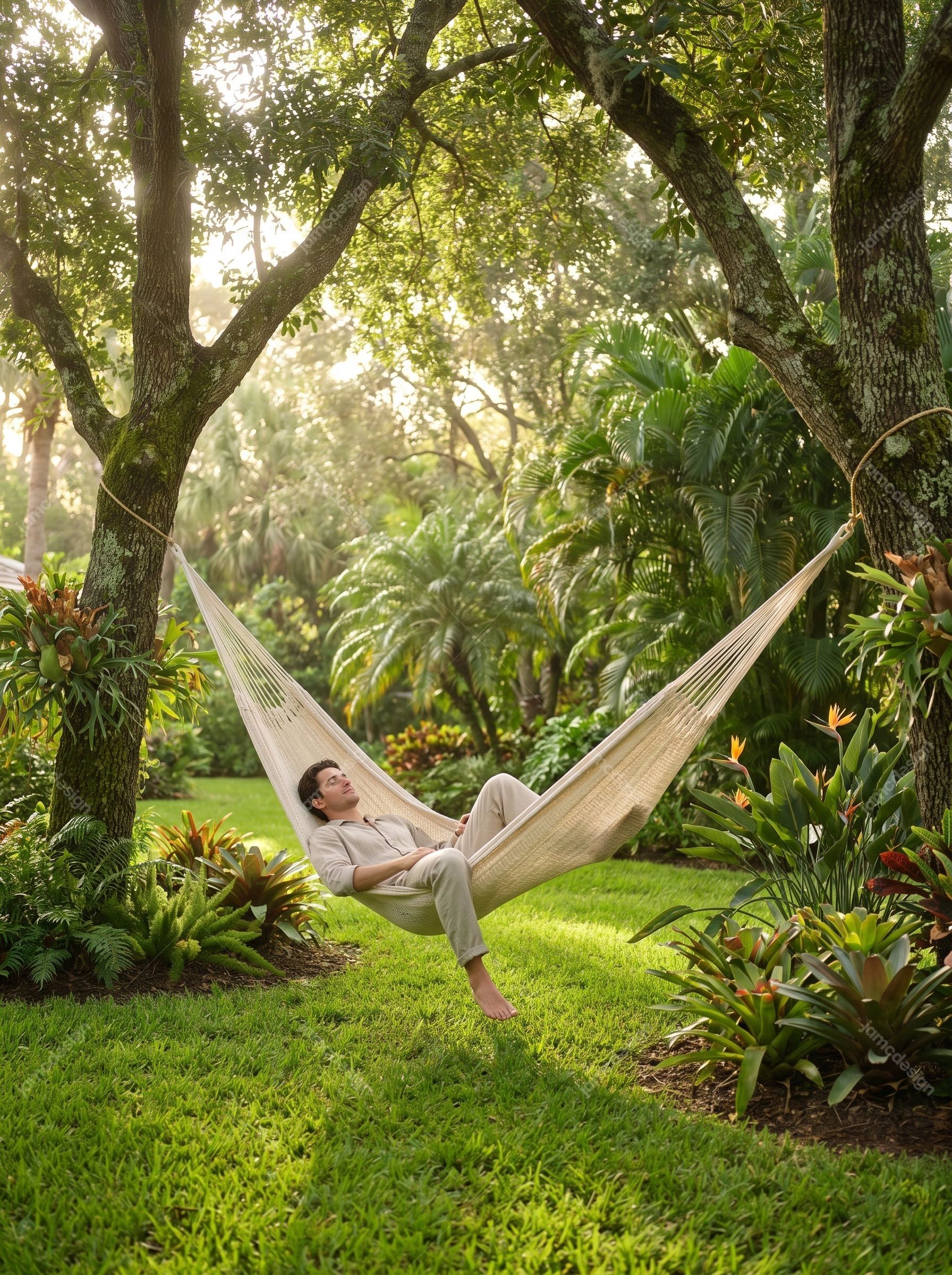 Man Relaxing In Colorful Hammock In Tropical Garden. JPG photo of a relaxed man reclining in a hammock among lush tropical garden plants and mature trees