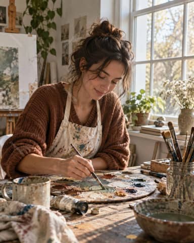 Photo Of Woman Painting With Colorful Palette In Sunlit Studio