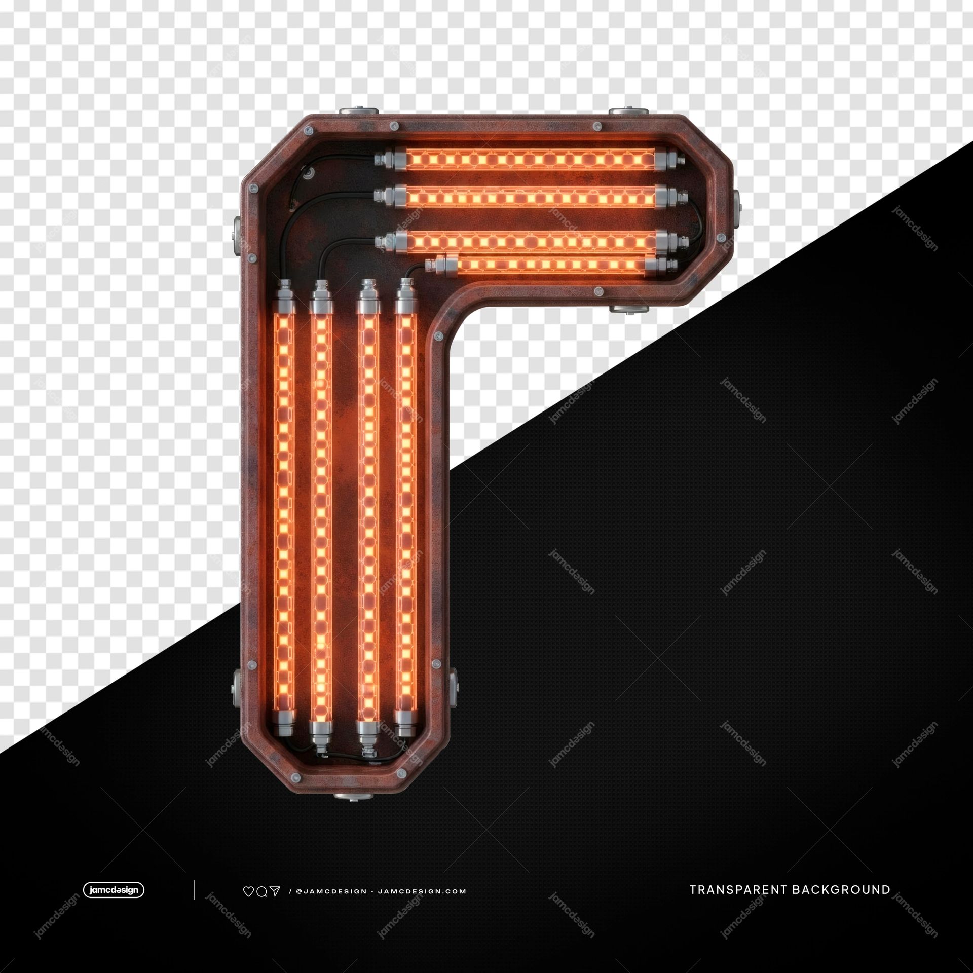 Industrial Orange LED L Corner Light PNG Transparent. This PNG transparent object shows an industrial L corner lamp with a dark metal housing and bright orange