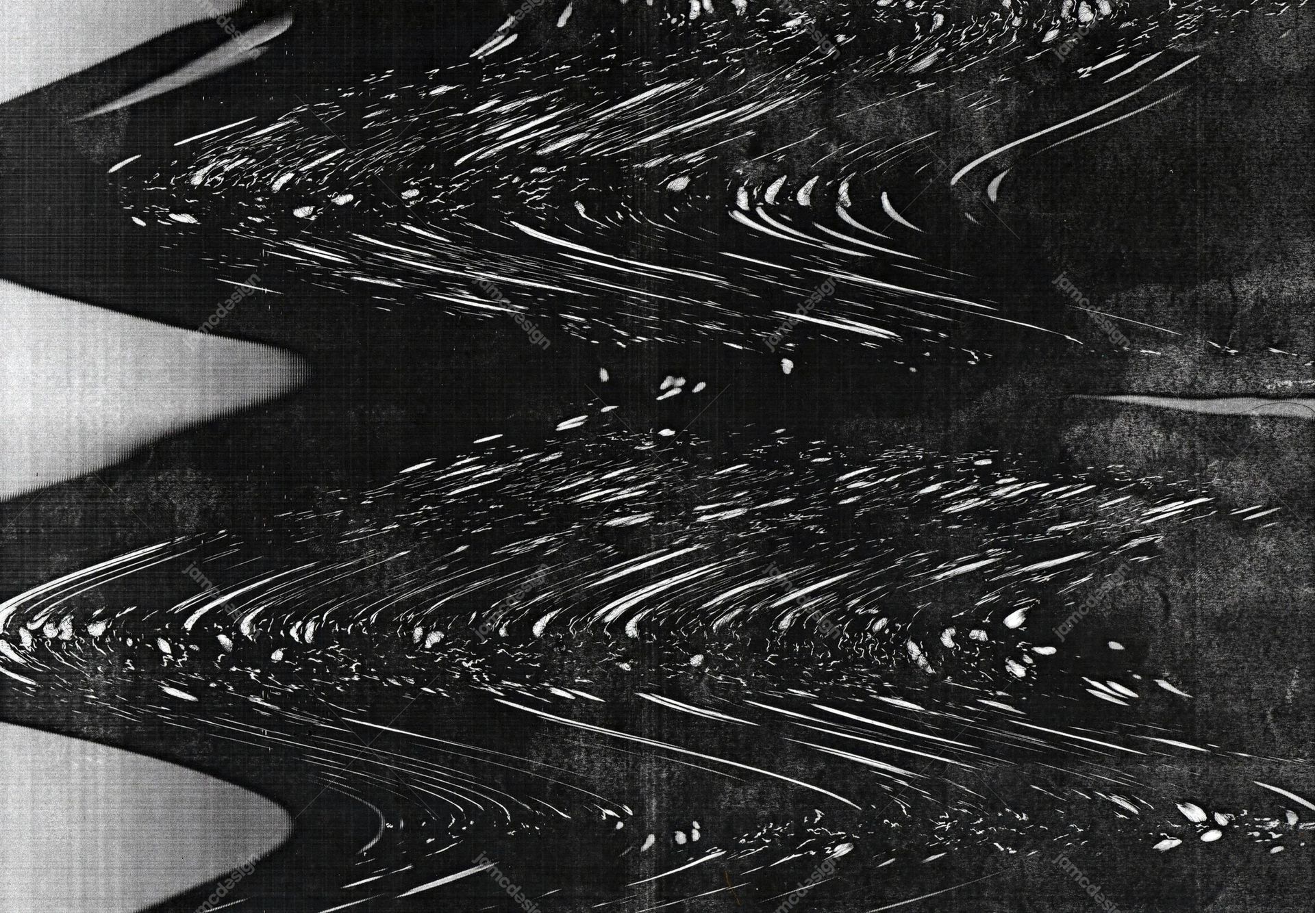 Monochrome Liquid Ripple Texture. This monochrome texture JPG features flowing liquid ripples and bright streaks against a dark, grainy surface