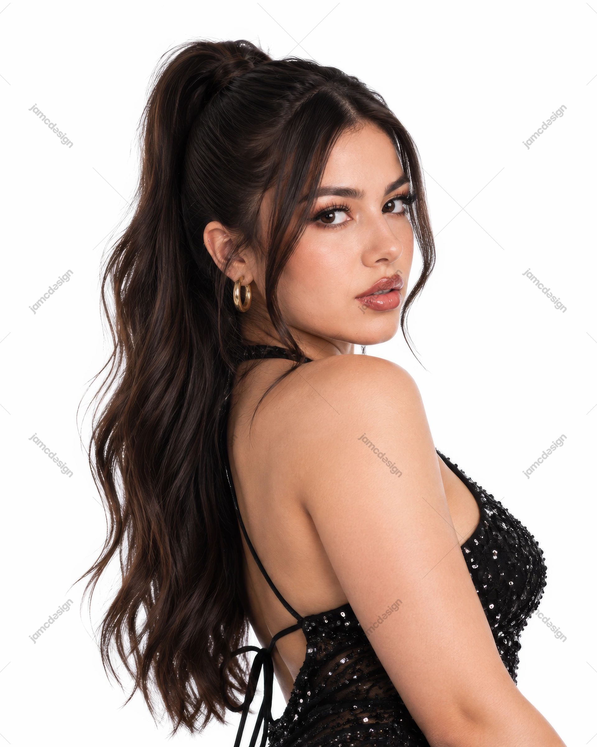 Woman In Black Sequin Top Portrait. Download this PNG photo of a woman in a black sequined top, with long dark hair, hoop earrings and defined makeup