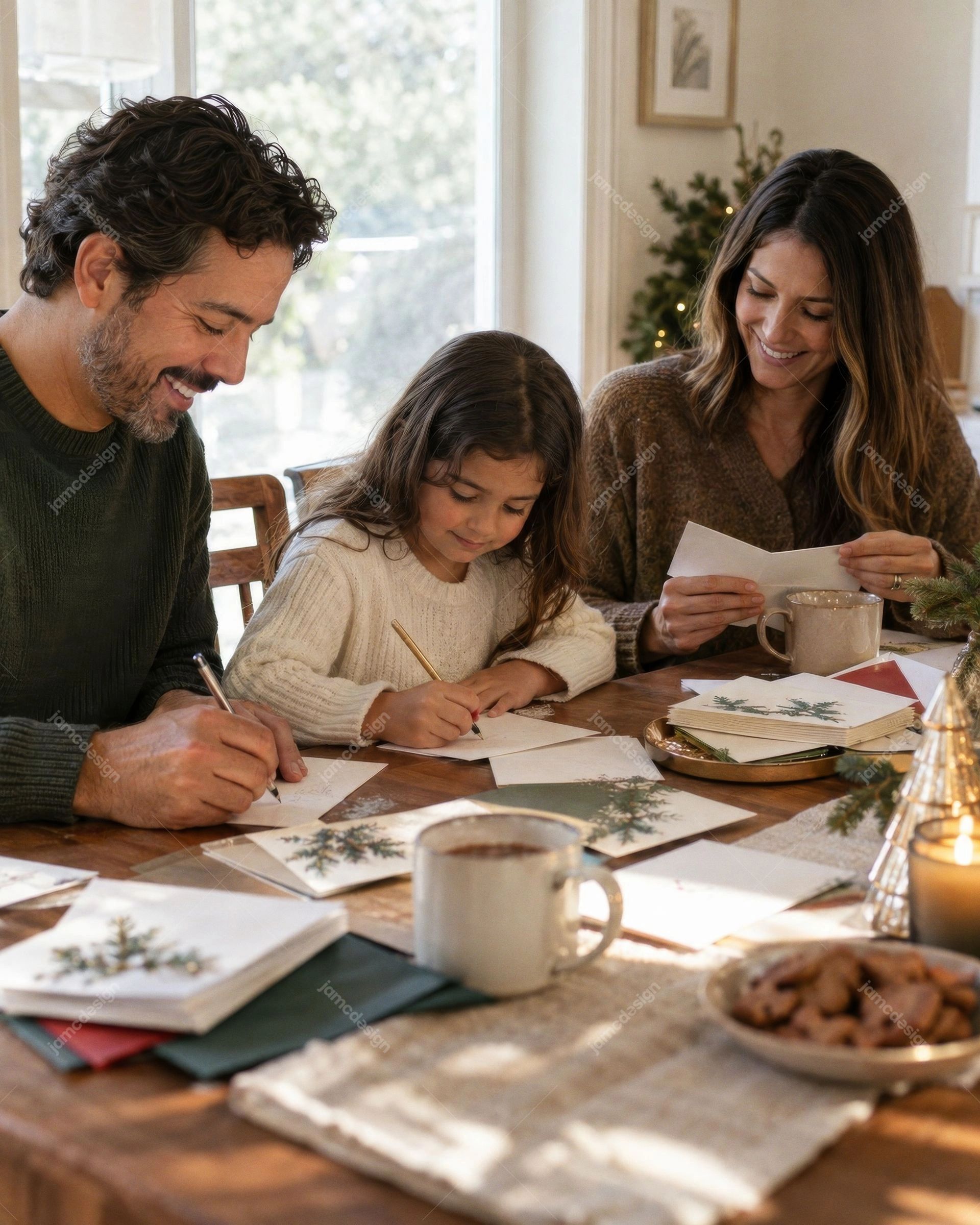 Foto De Familia Escribiendo Tarjetas Navideñas En Mesa Festiva. Esta foto JPG muestra a una familia escribiendo tarjetas de Navidad en una mesa de comedor