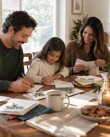 Family Writing Christmas Cards At Festive Table Photo