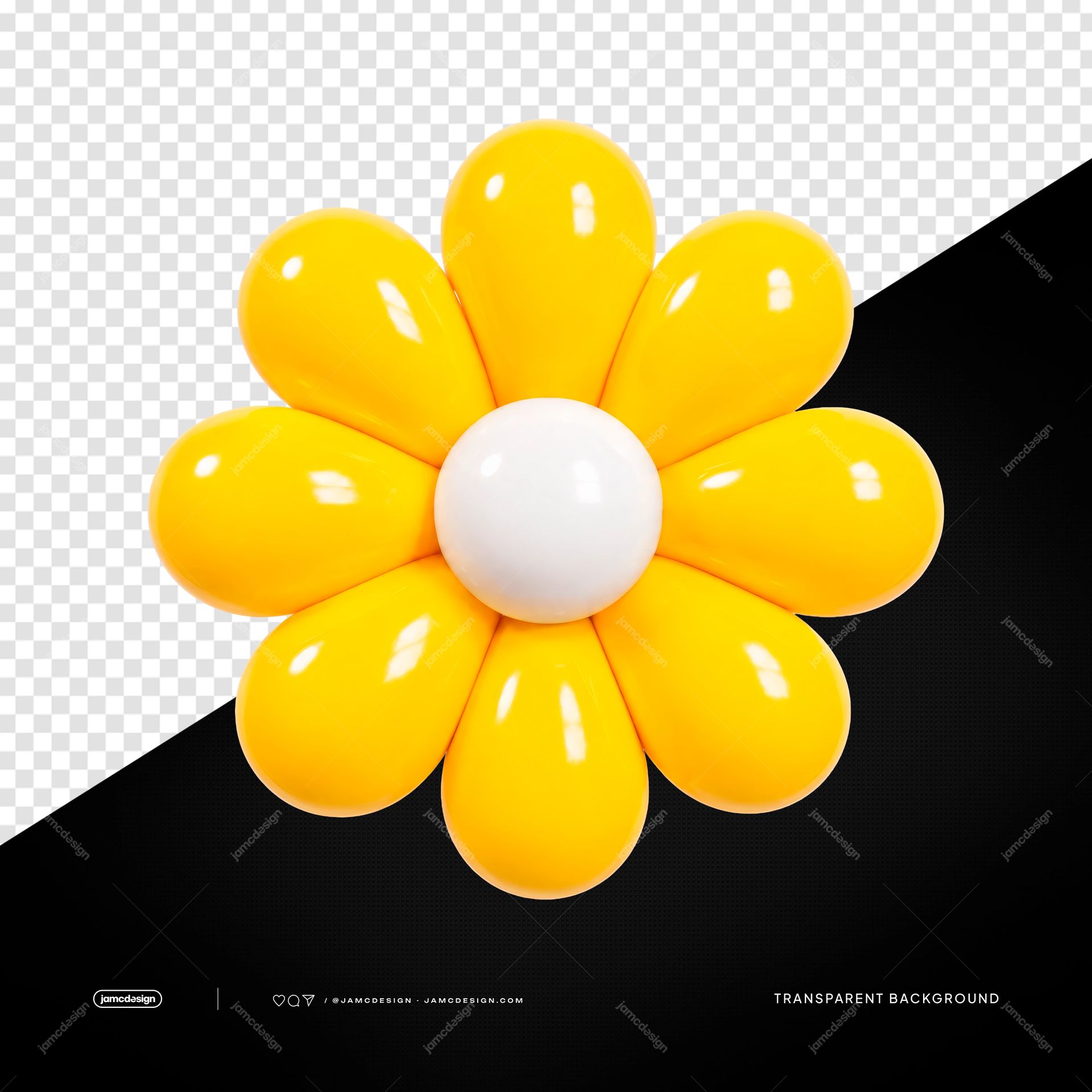 Glossy Yellow Daisy Balloon Isolated. Yellow flower shaped balloon supplied as a PNG transparent object, featuring glossy rounded petals and a white center