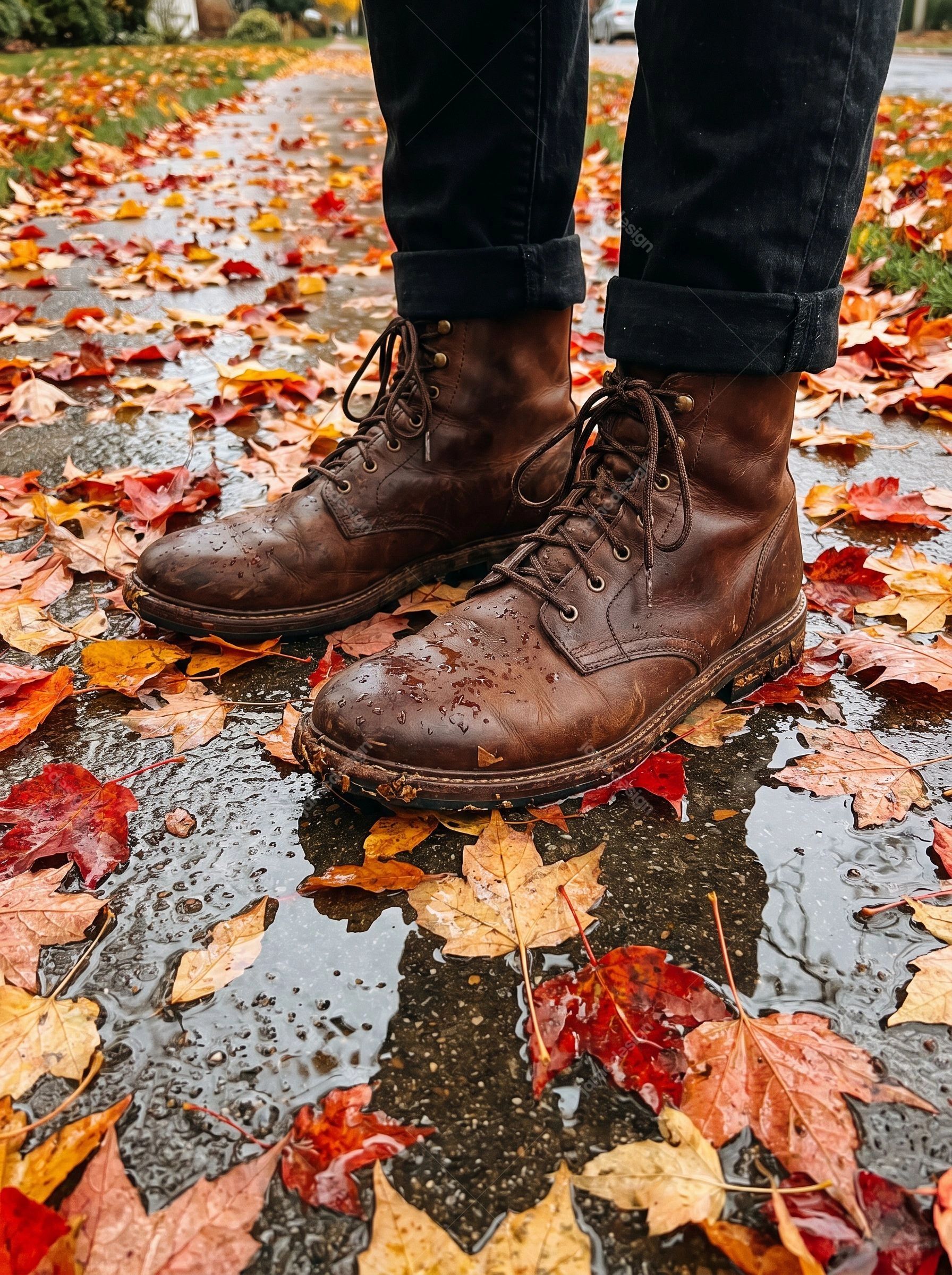 Bottes En Cuir Parmi Des Feuilles D’Automne Colorées. Téléchargez cette photo JPG réaliste de bottes en cuir marron portées par une personne debout au milieu