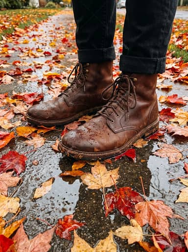 Leather Boots Among Colorful Fallen Autumn Leaves